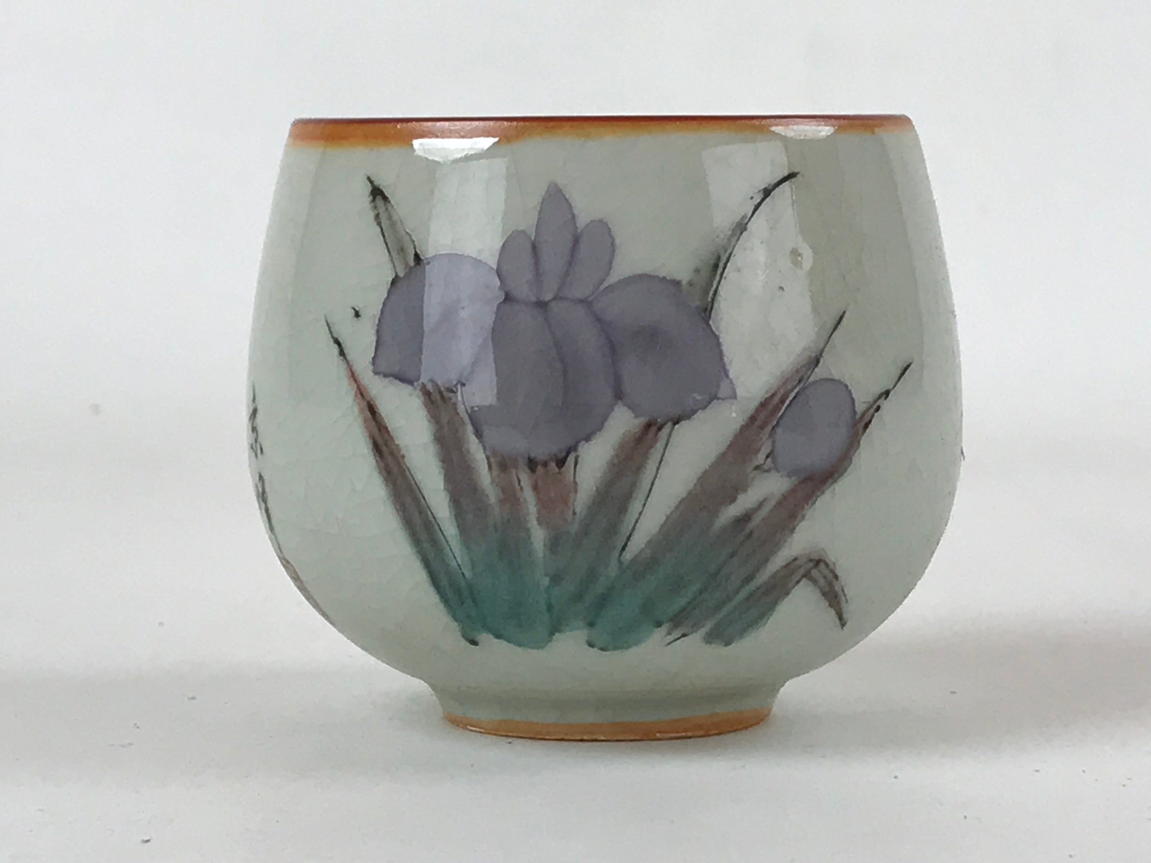 Japanese Ceramic Teacup Vtg Iris Flower Crackle Glaze White Yunomi Sencha TC405