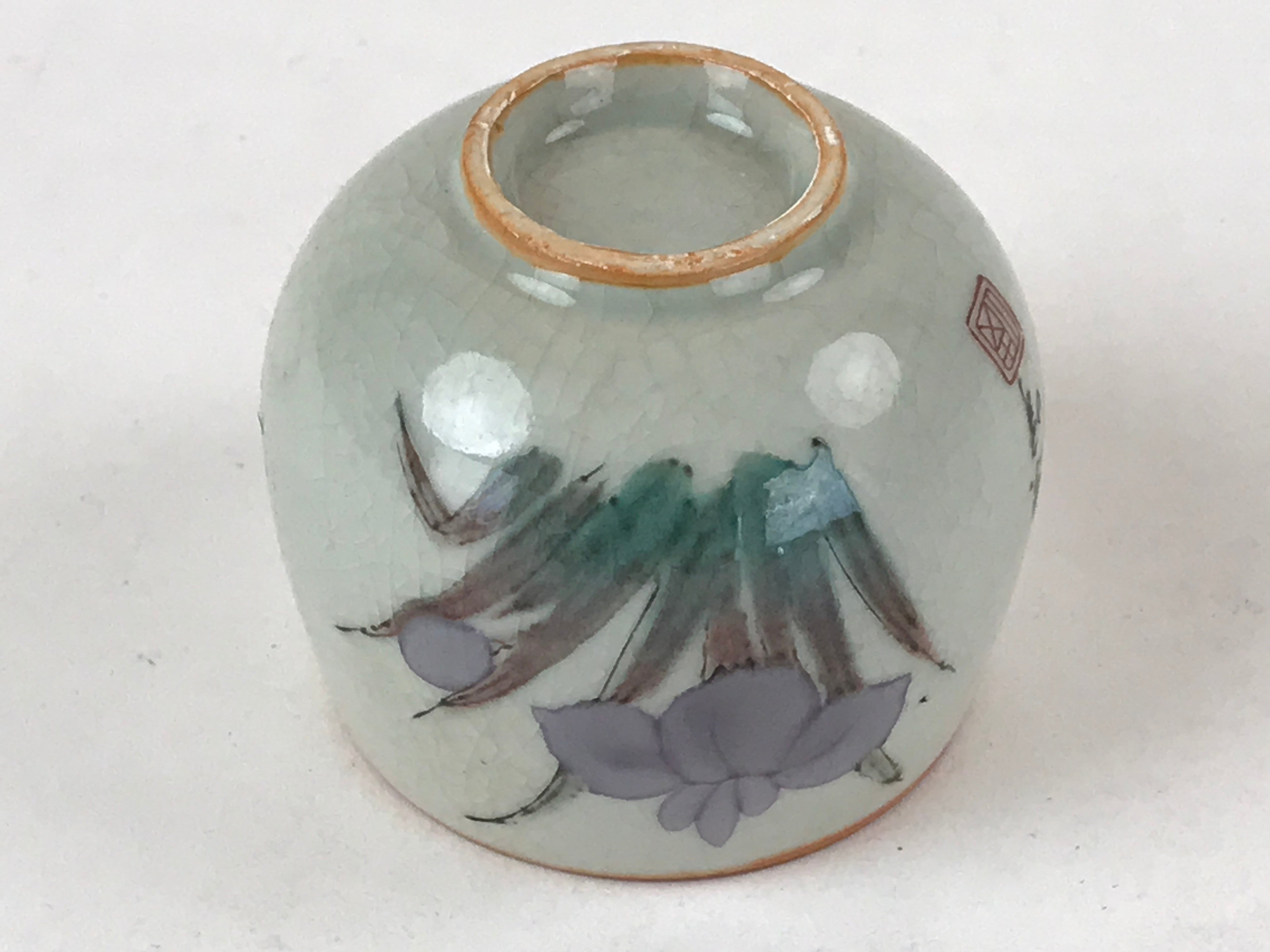 Japanese Ceramic Teacup Vtg Iris Flower Crackle Glaze White Yunomi Sencha TC405