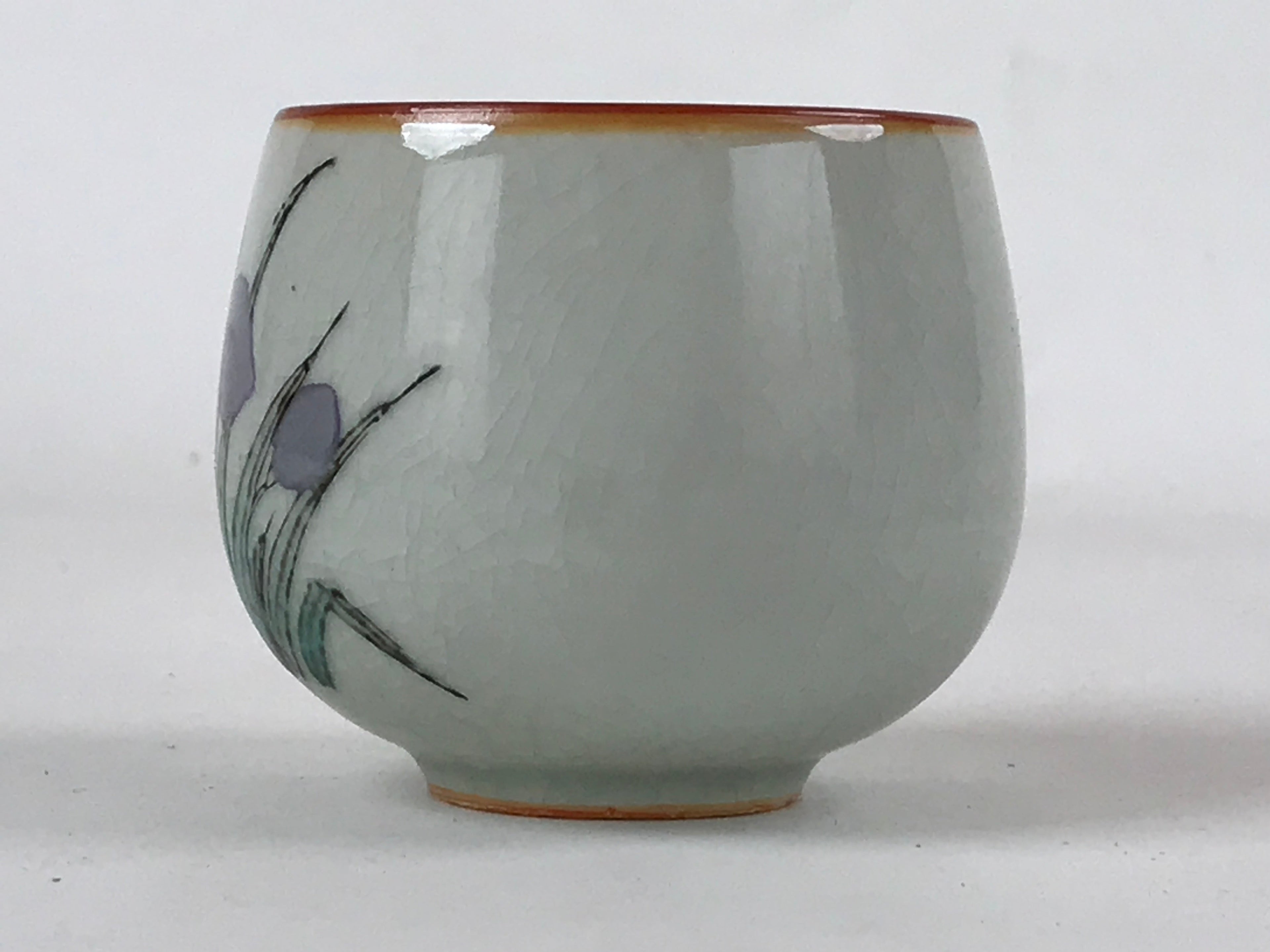 Japanese Ceramic Teacup Vtg Iris Flower Crackle Glaze White Yunomi Sencha TC406