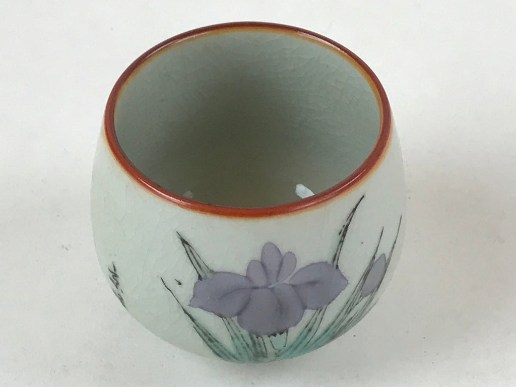 Japanese Ceramic Teacup Vtg Iris Flower Crackle Glaze White Yunomi Sencha TC406