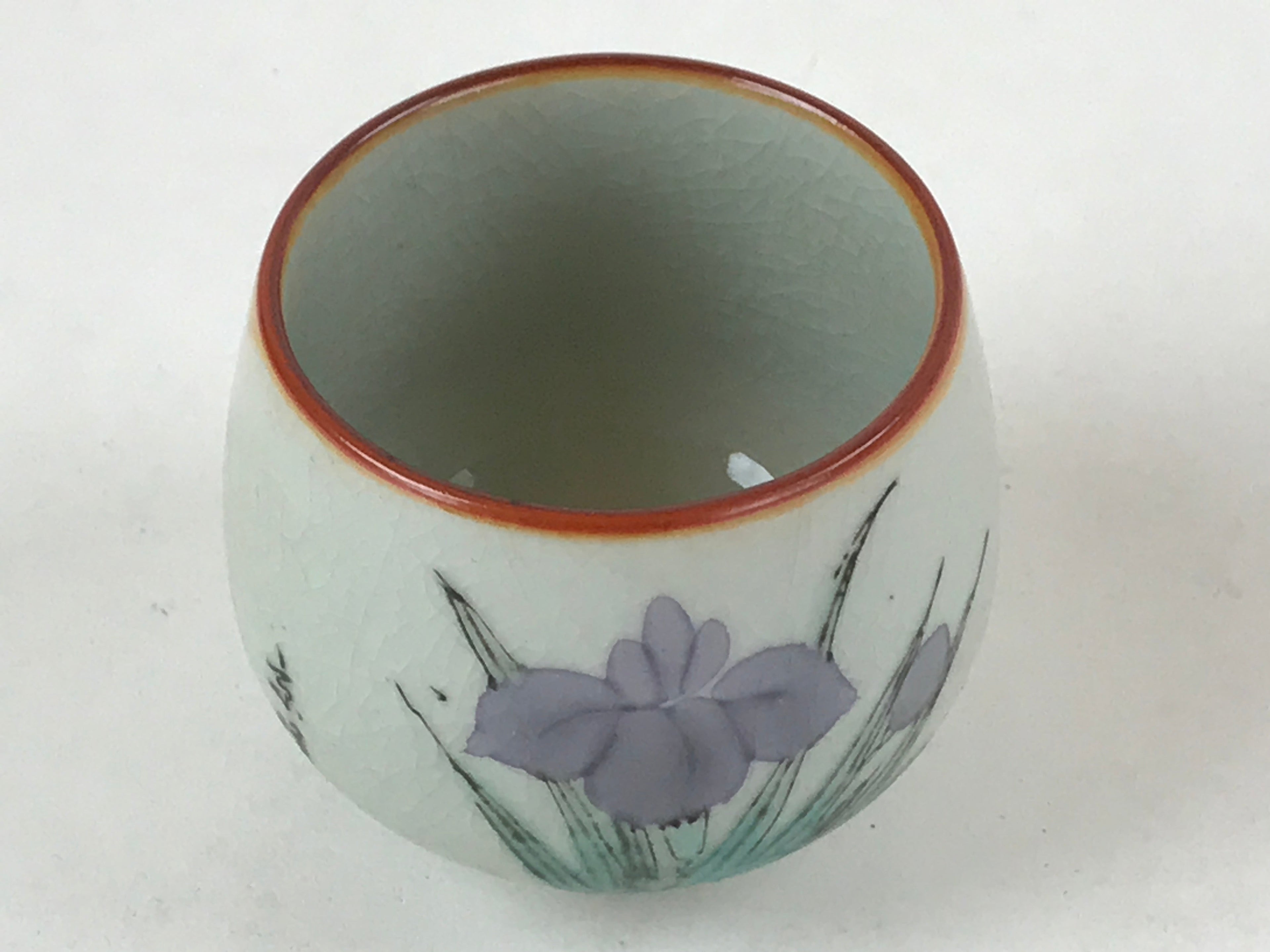 Japanese Ceramic Teacup Vtg Iris Flower Crackle Glaze White Yunomi Sencha TC406
