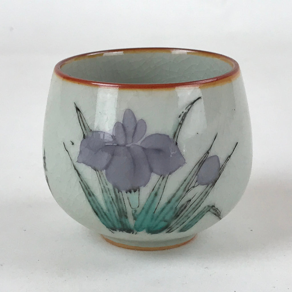 Japanese Ceramic Teacup Vtg Iris Flower Crackle Glaze White Yunomi Sencha TC406