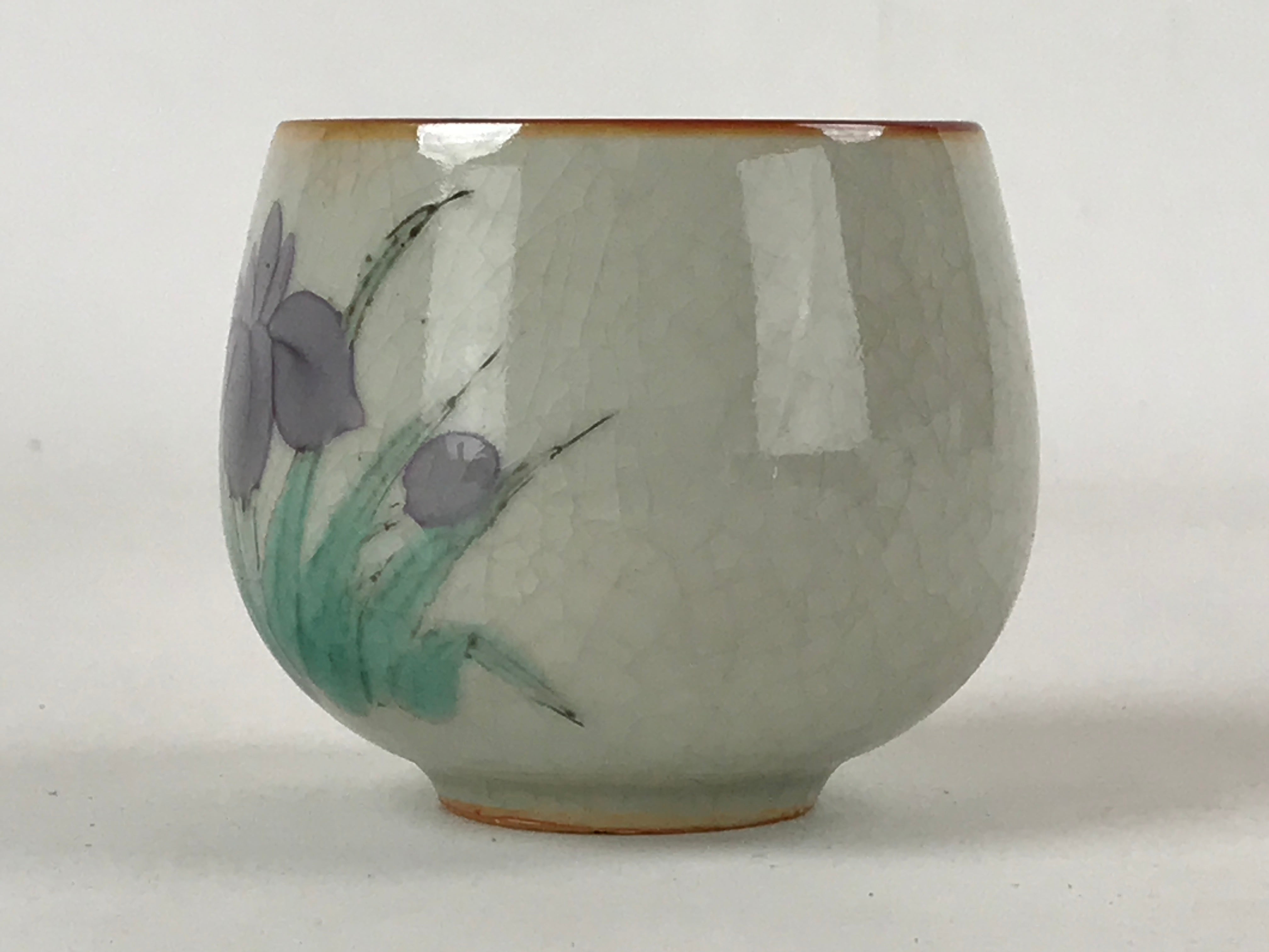 Japanese Ceramic Teacup Vtg Iris Flower Crackle Glaze White Yunomi Sencha TC407