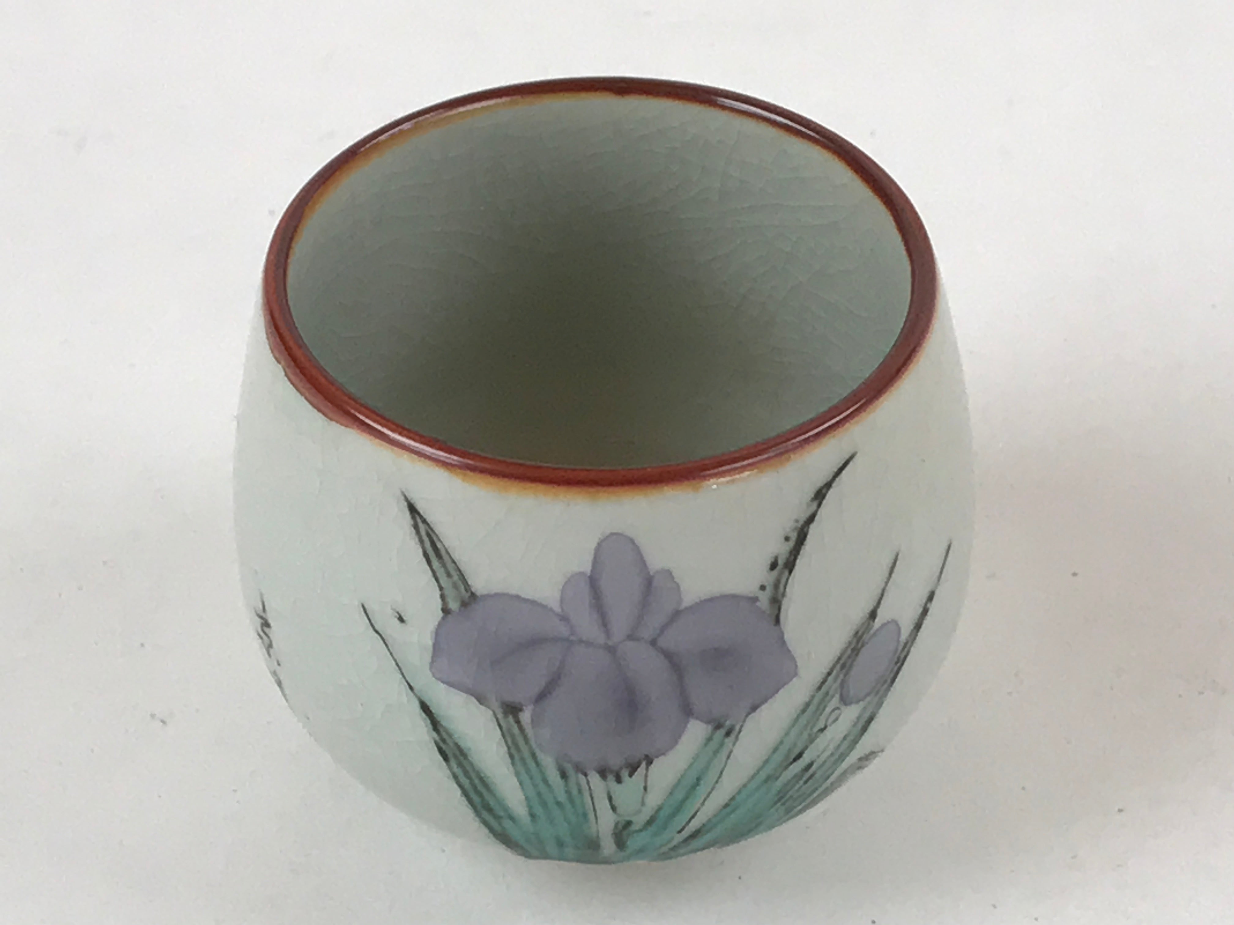 Japanese Ceramic Teacup Vtg Iris Flower Crackle Glaze White Yunomi Sencha TC408