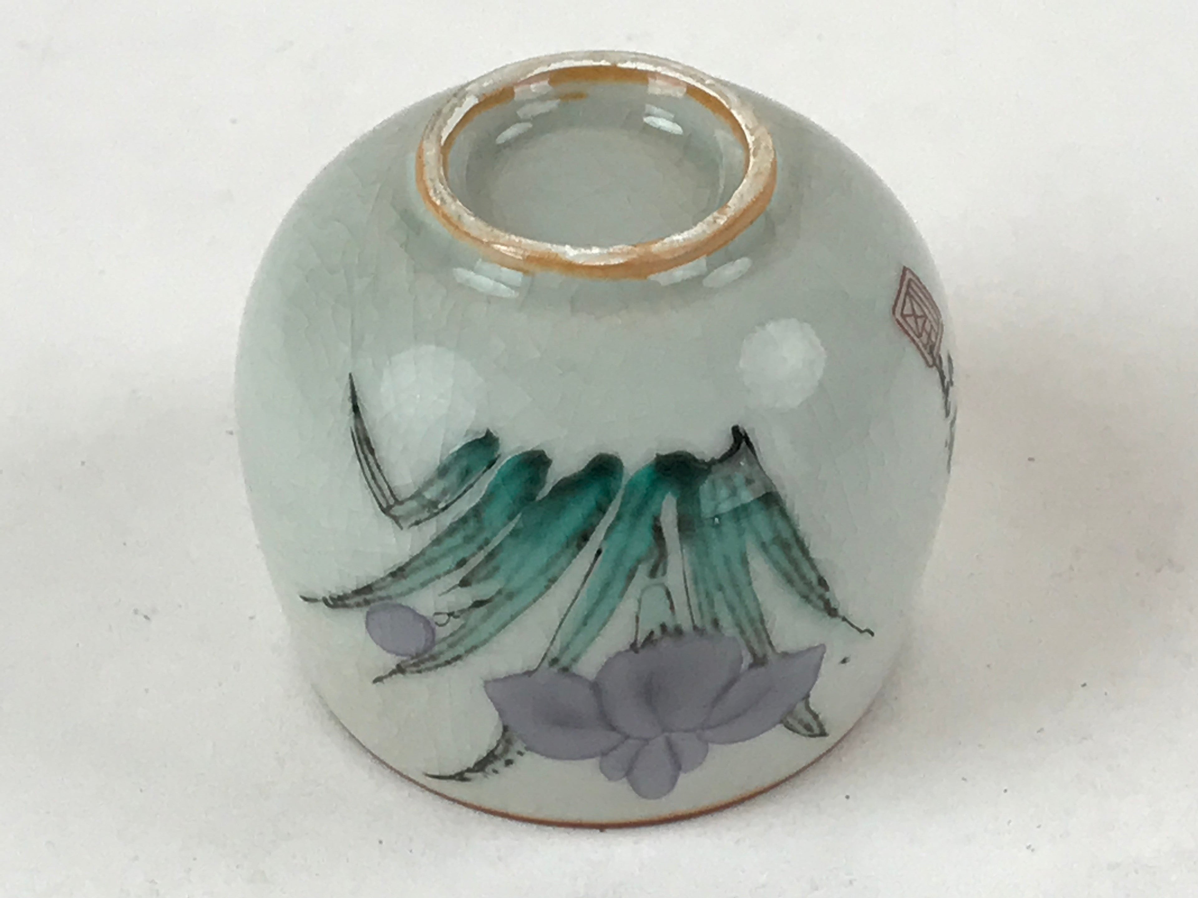 Japanese Ceramic Teacup Vtg Iris Flower Crackle Glaze White Yunomi Sencha TC408