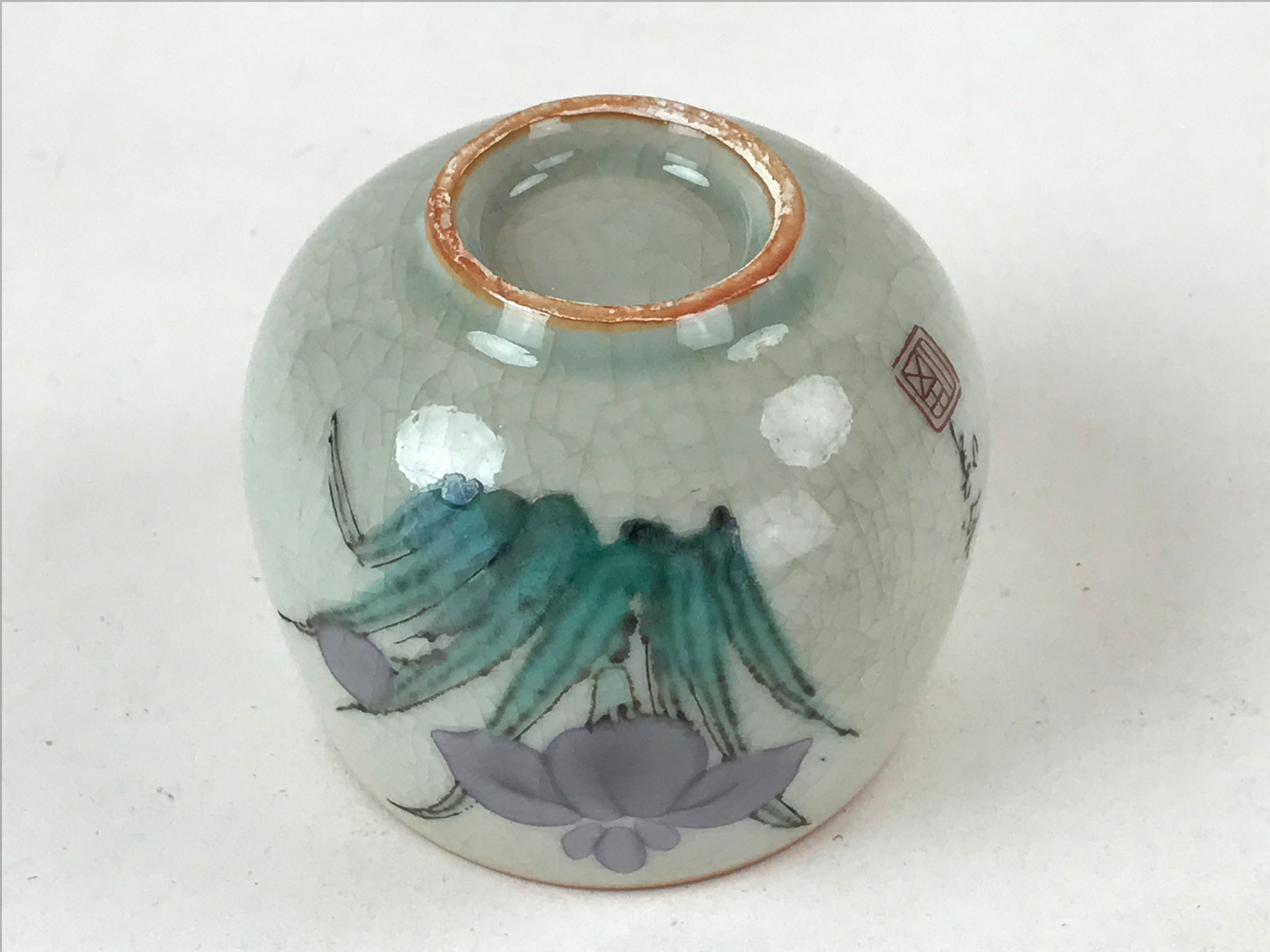 Japanese Ceramic Teacup Vtg Iris Flower Crackle Glaze White Yunomi Sencha TC409