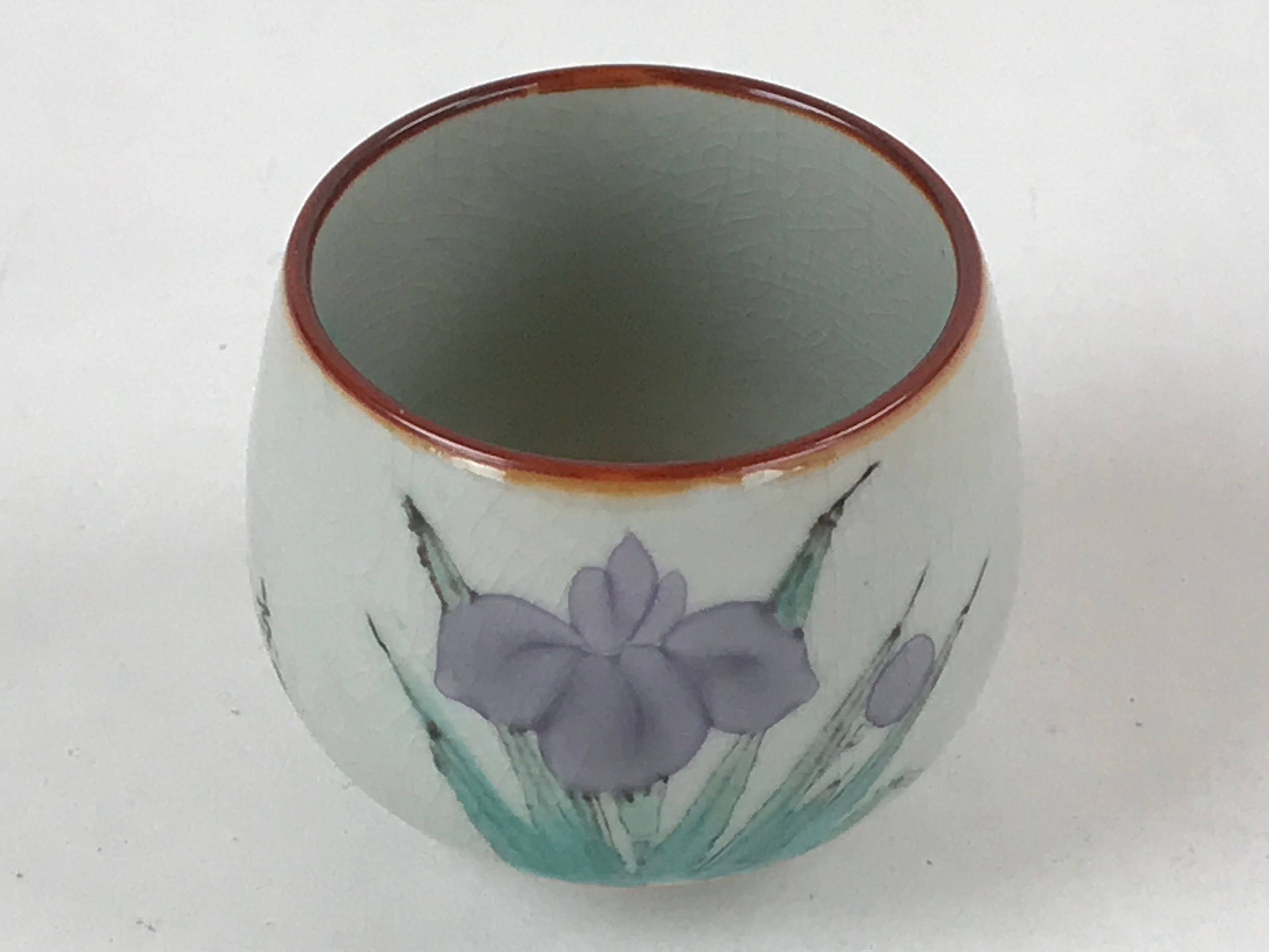 Japanese Ceramic Teacup Vtg Iris Flower Crackle Glaze White Yunomi Sencha TC410