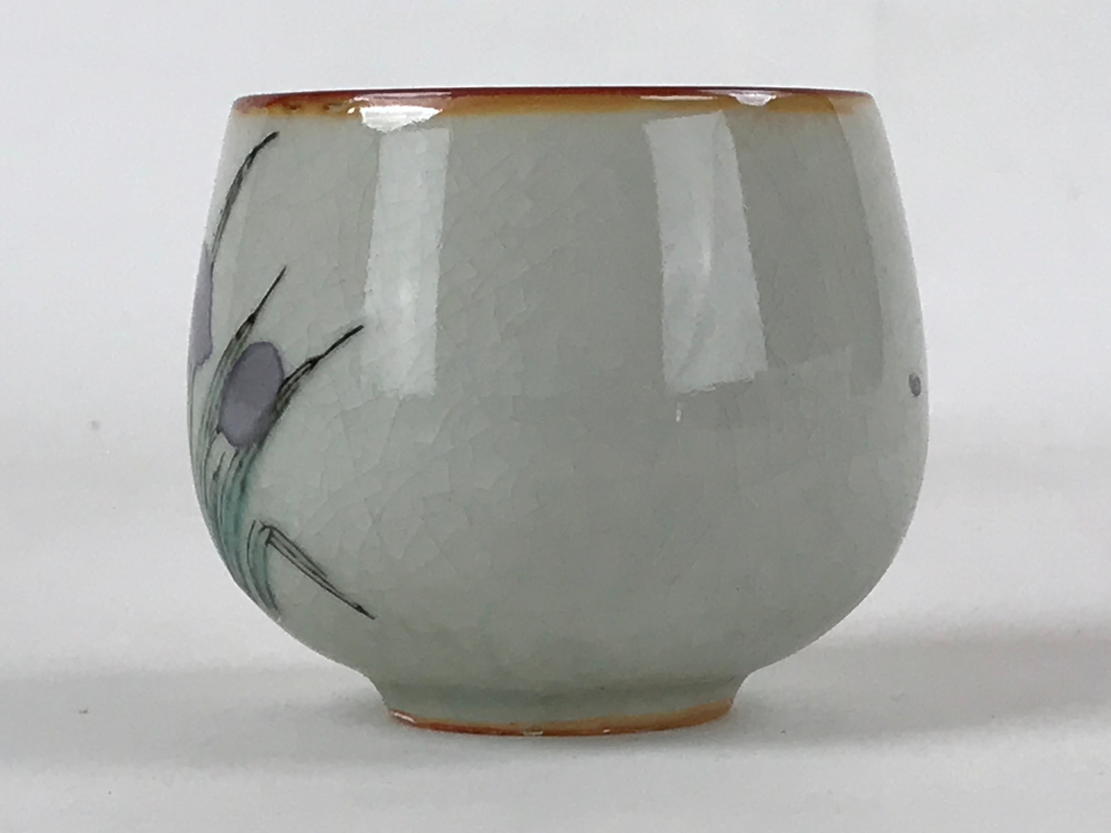 Japanese Ceramic Teacup Vtg Iris Flower Crackle Glaze White Yunomi Sencha TC411