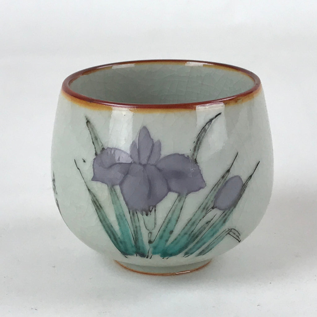 Japanese Ceramic Teacup Vtg Iris Flower Crackle Glaze White Yunomi Sencha TC411