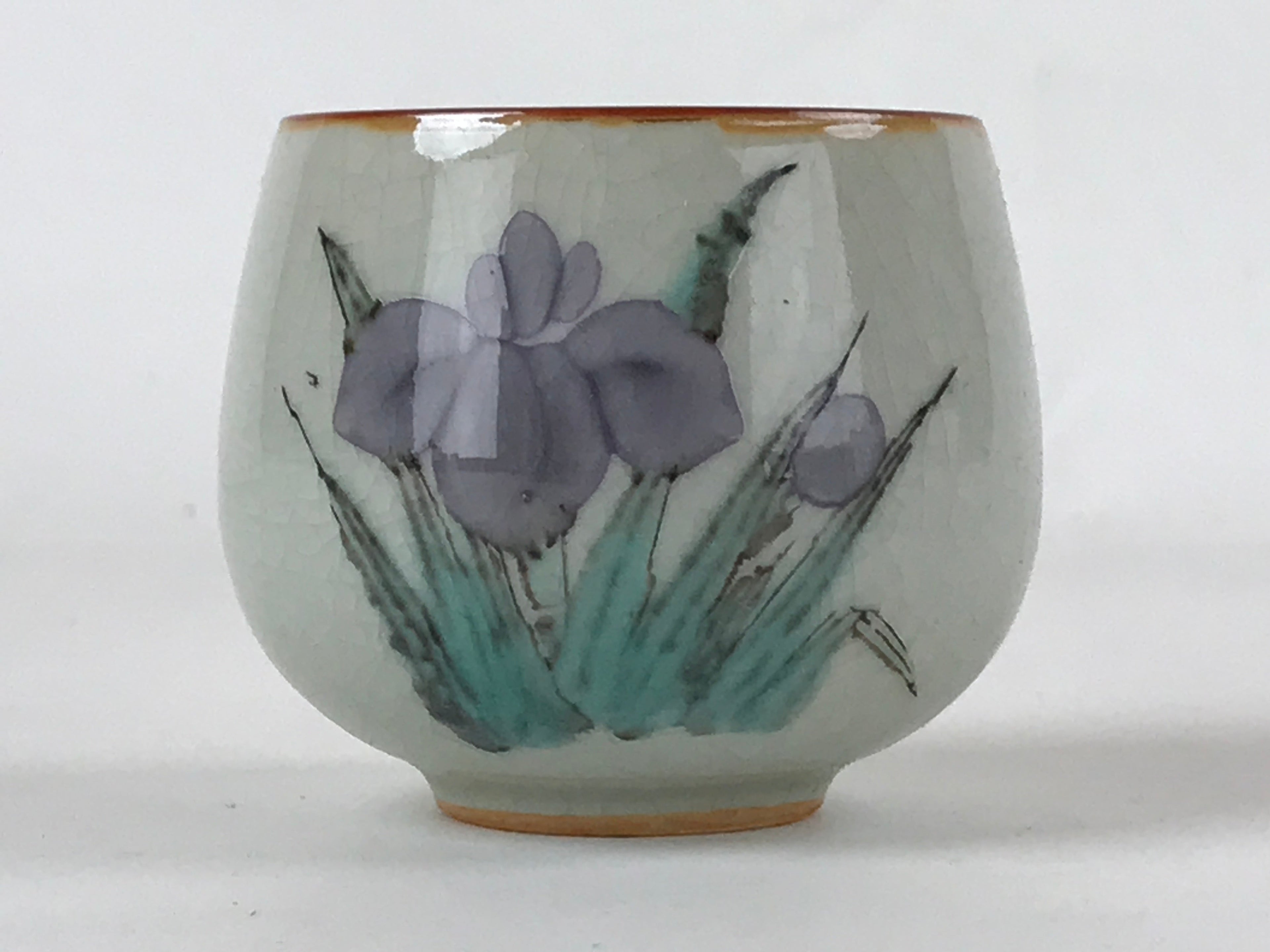 Japanese Ceramic Teacup Vtg Iris Flower Crackle Glaze White Yunomi Sencha TC412