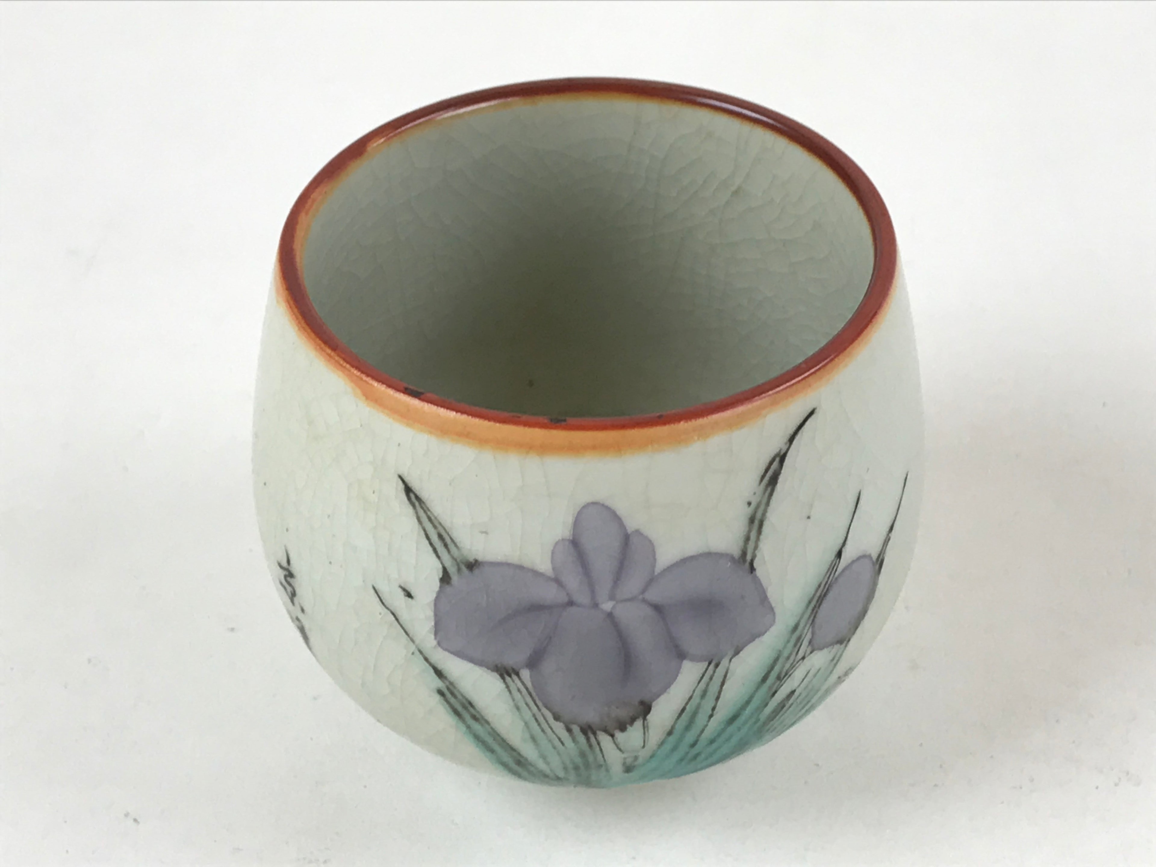 Japanese Ceramic Teacup Vtg Iris Flower Crackle Glaze White Yunomi Sencha TC413