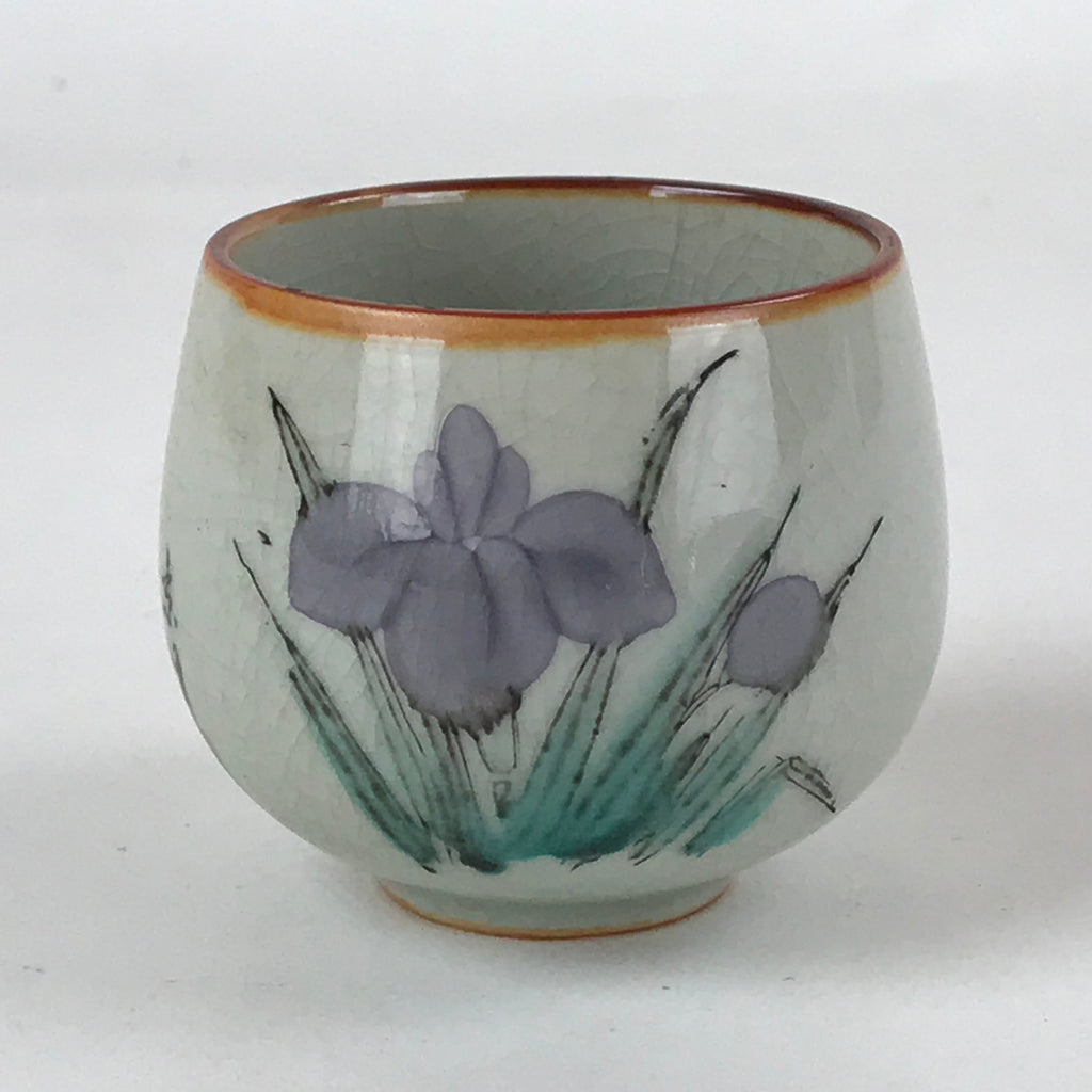Japanese Ceramic Teacup Vtg Iris Flower Crackle Glaze White Yunomi Sencha TC413