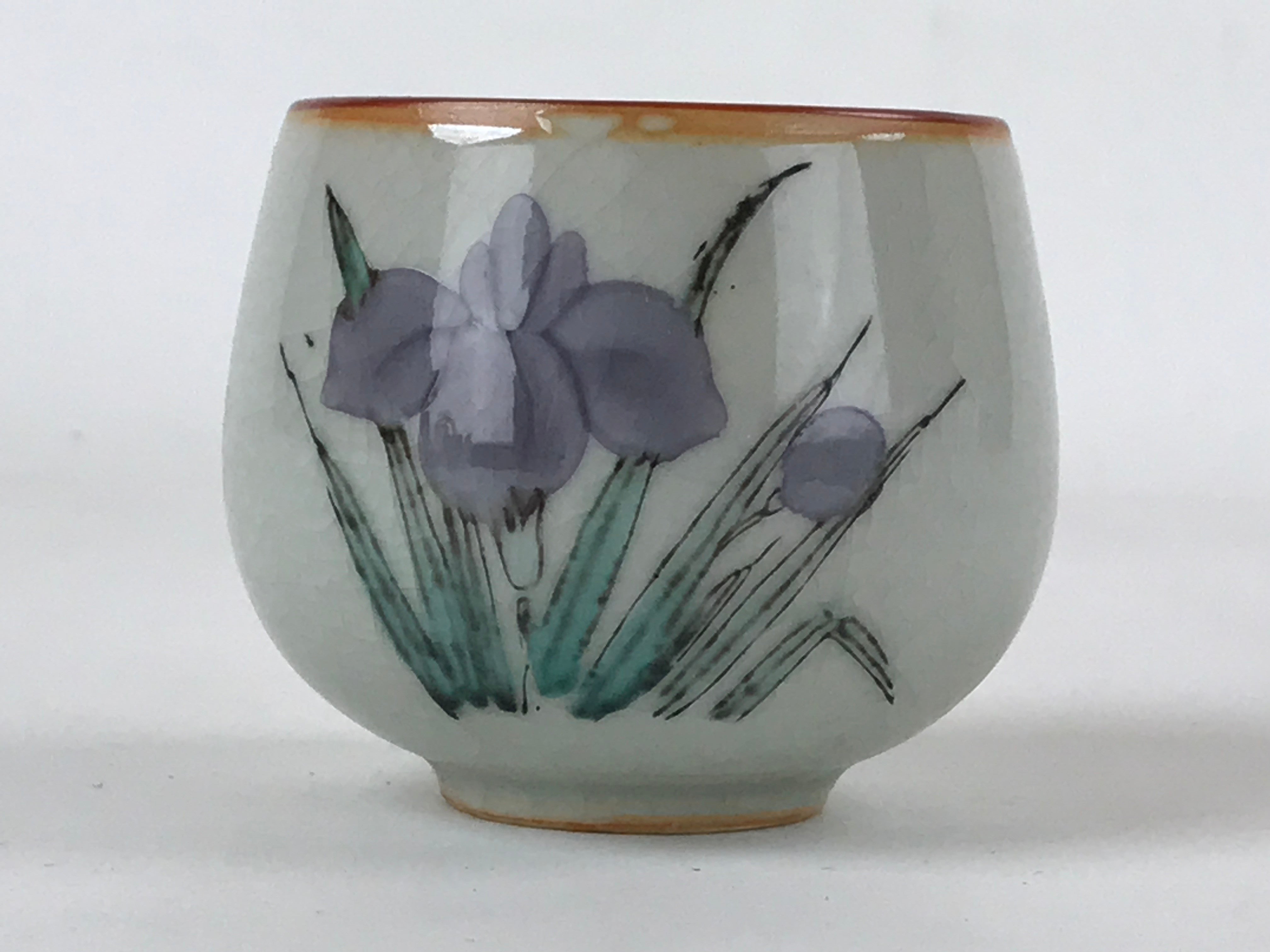 Japanese Ceramic Teacup Vtg Iris Flower Crackle Glaze White Yunomi Sencha TC414