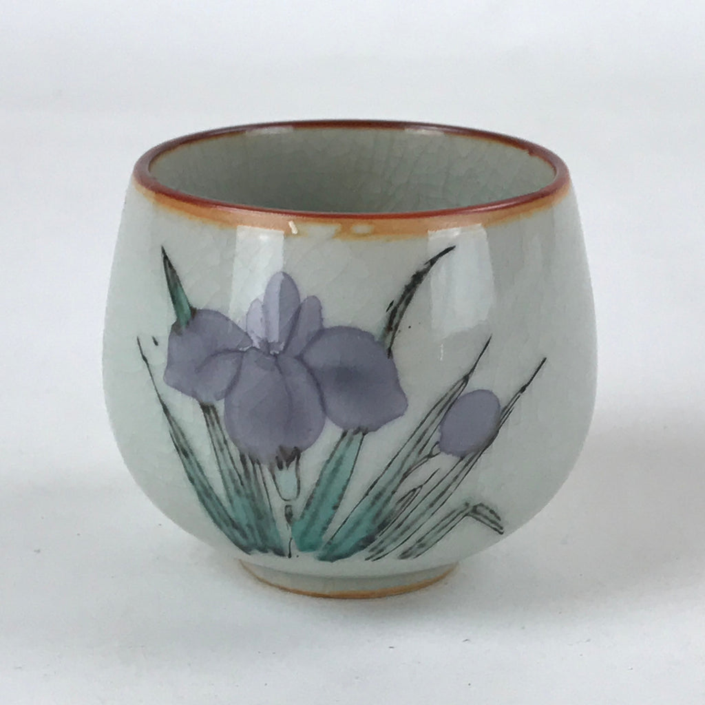 Japanese Ceramic Teacup Vtg Iris Flower Crackle Glaze White Yunomi Sencha TC414