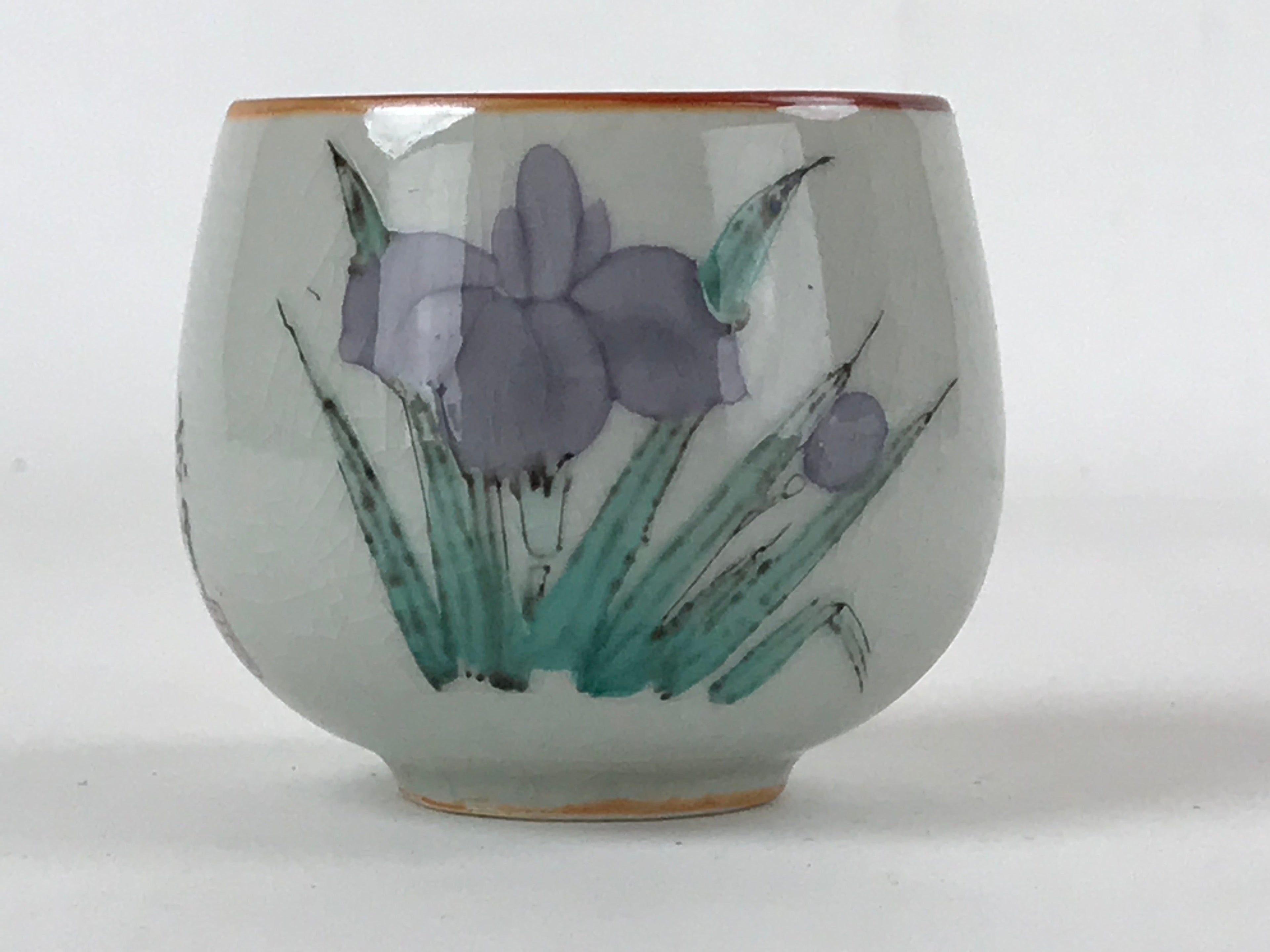 Japanese Ceramic Teacup Vtg Iris Flower Crackle Glaze White Yunomi Sencha TC415
