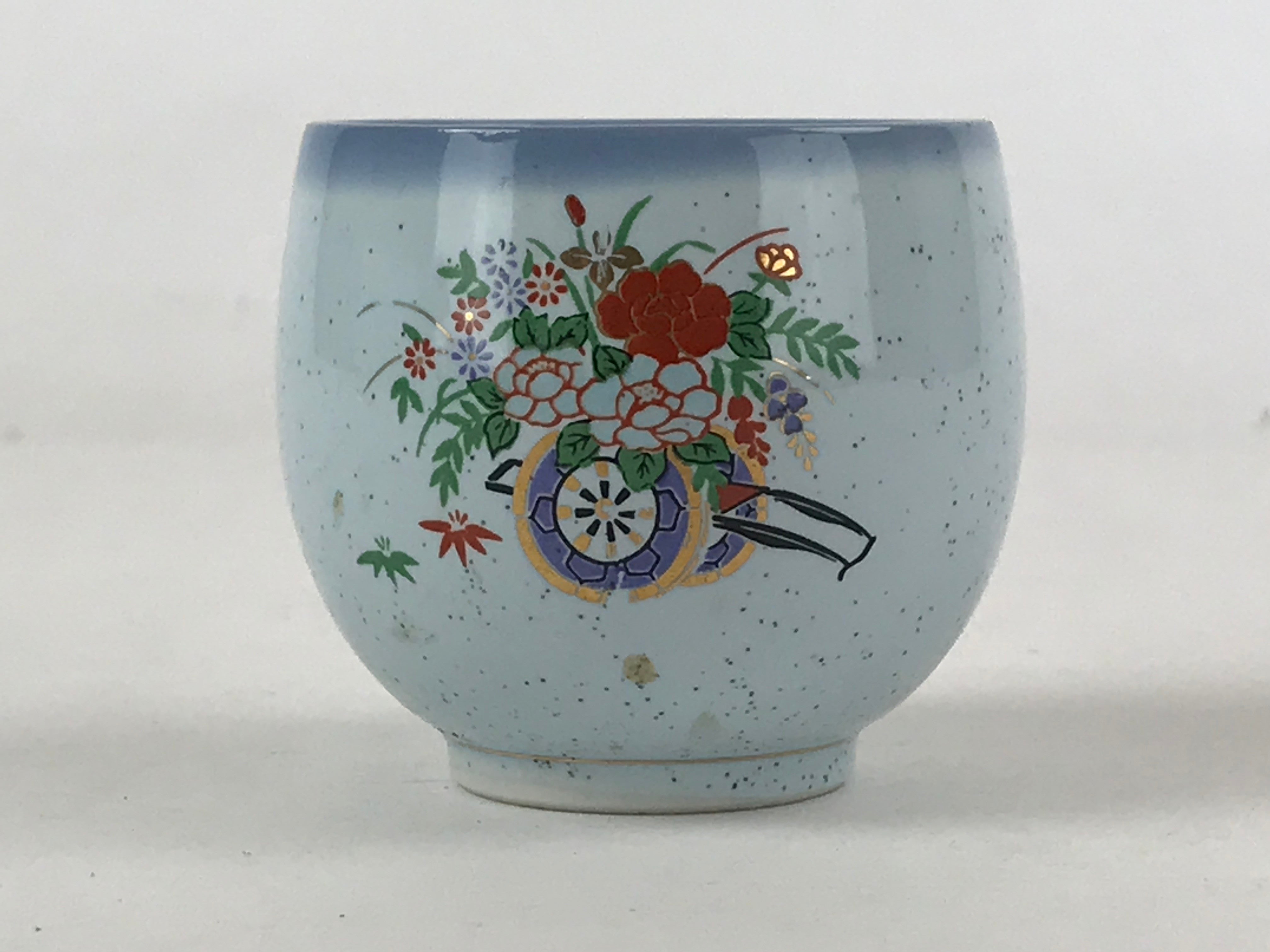 Japanese Ceramic Teacup Vtg Kutani Ware Yunomi Blue Flower Pottery TC391