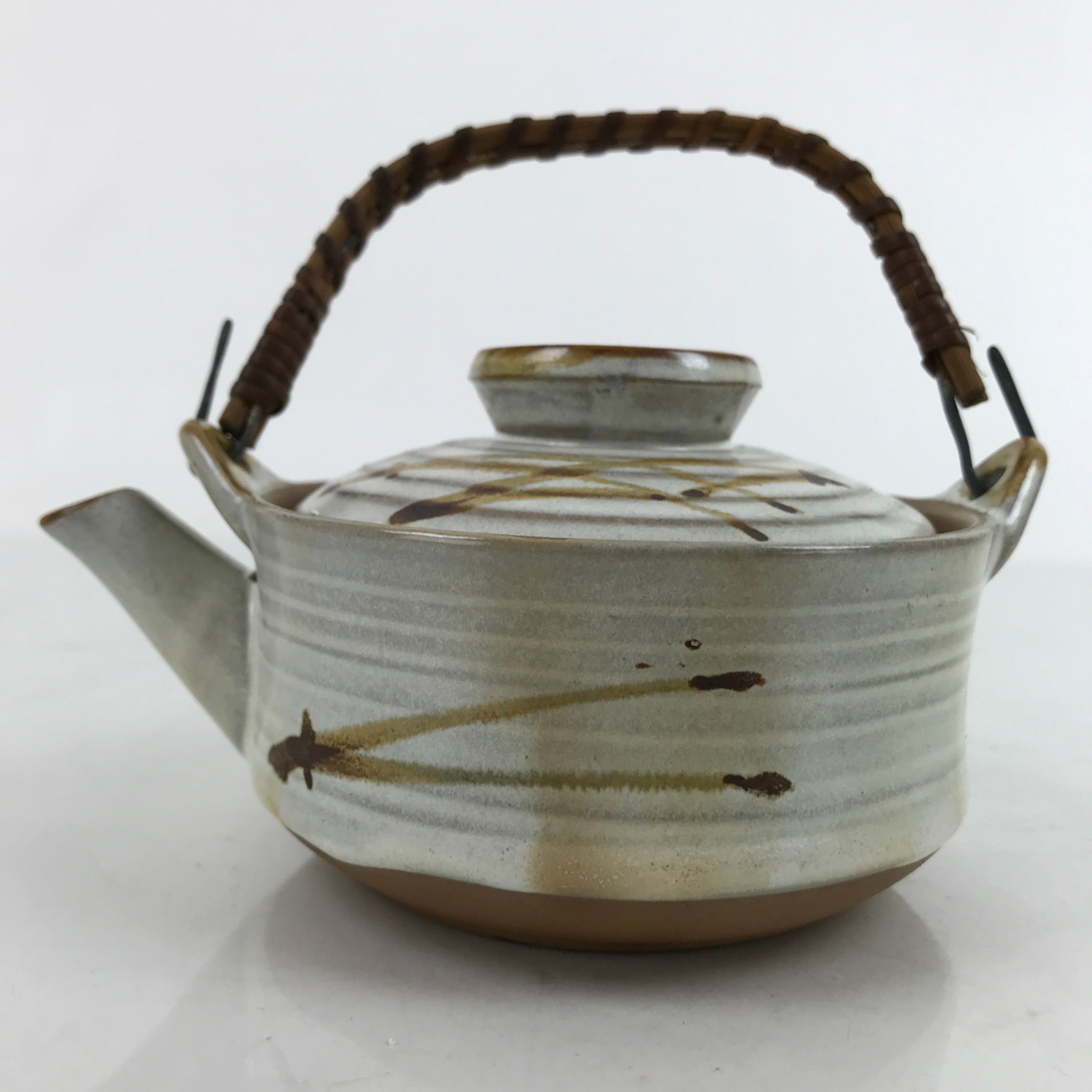 Japanese Ceramic Teapot Kyusu Reed Handle White Brown Pine Needle Design Y109