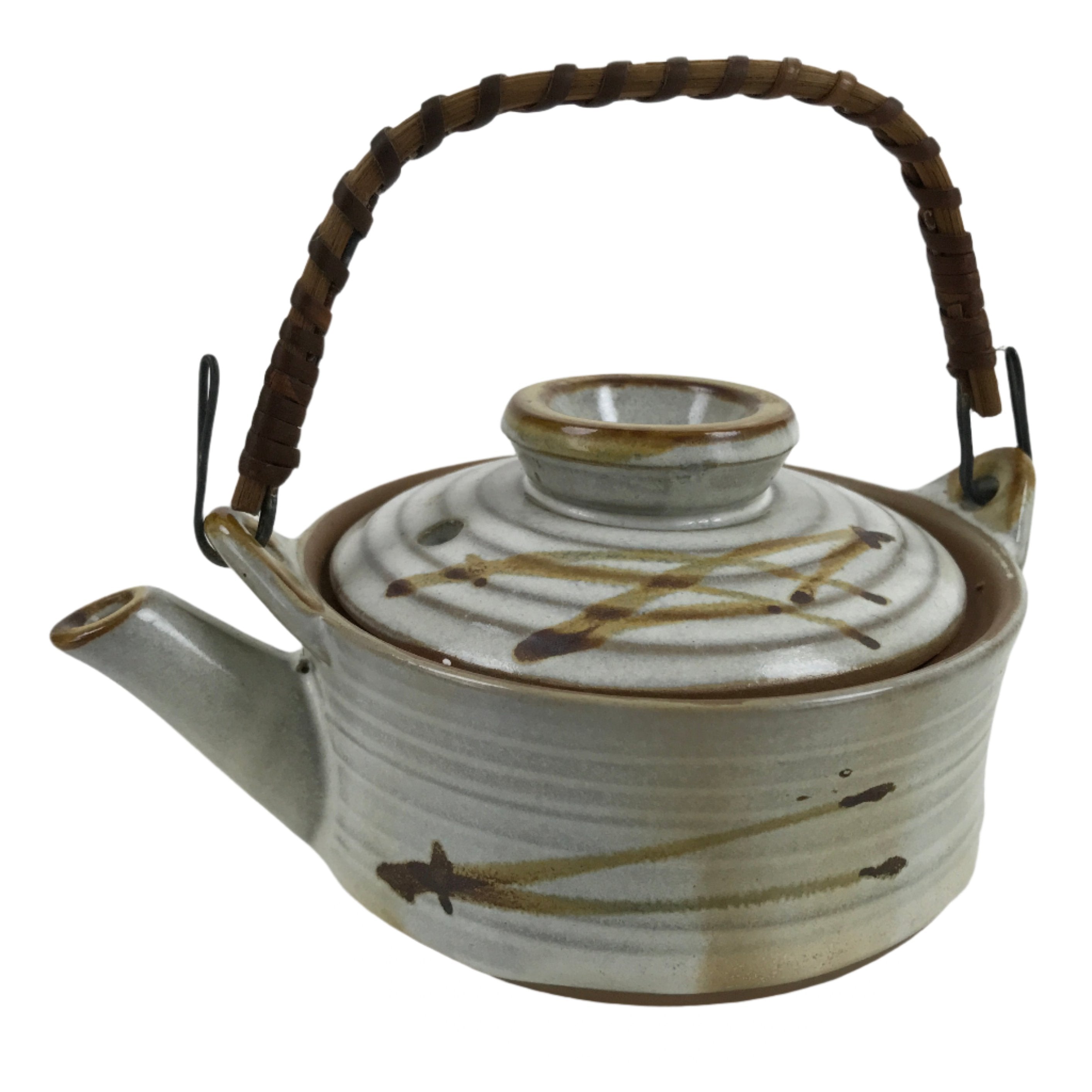 Japanese Ceramic Teapot Kyusu Reed Handle White Brown Pine Needle Design Y109