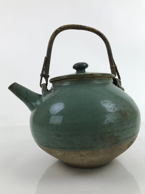 Japanese Ceramic Teapot Kyusu Vtg Bamboo Handle Momoda Hikaru Blue Green Y67