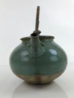 Japanese Ceramic Teapot Kyusu Vtg Bamboo Handle Momoda Hikaru Blue Green Y67