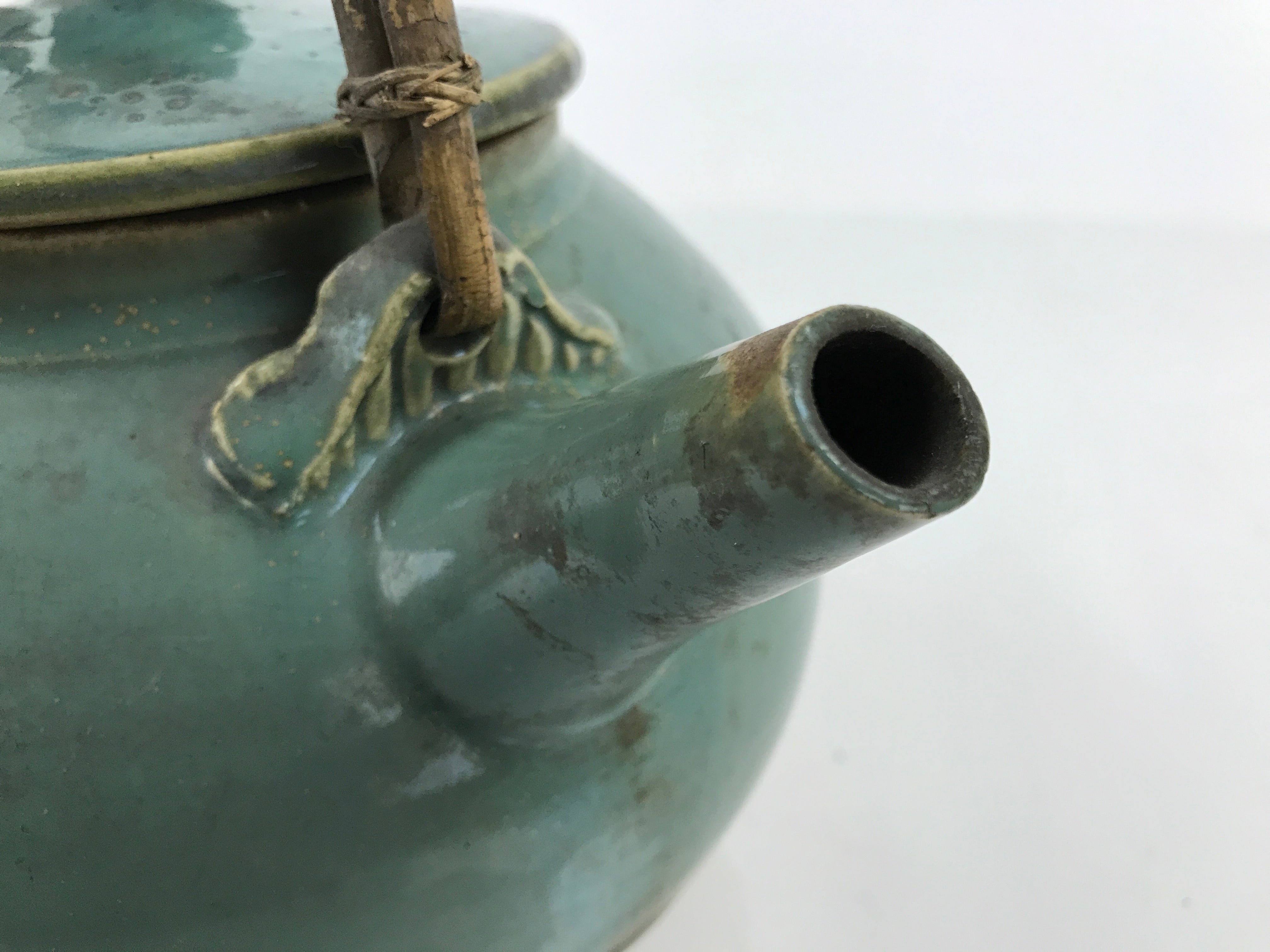 Japanese Ceramic Teapot Kyusu Vtg Bamboo Handle Momoda Hikaru Blue Green Y67