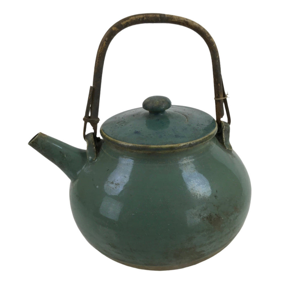 Japanese Ceramic Teapot Kyusu Vtg Bamboo Handle Momoda Hikaru Blue Green Y67