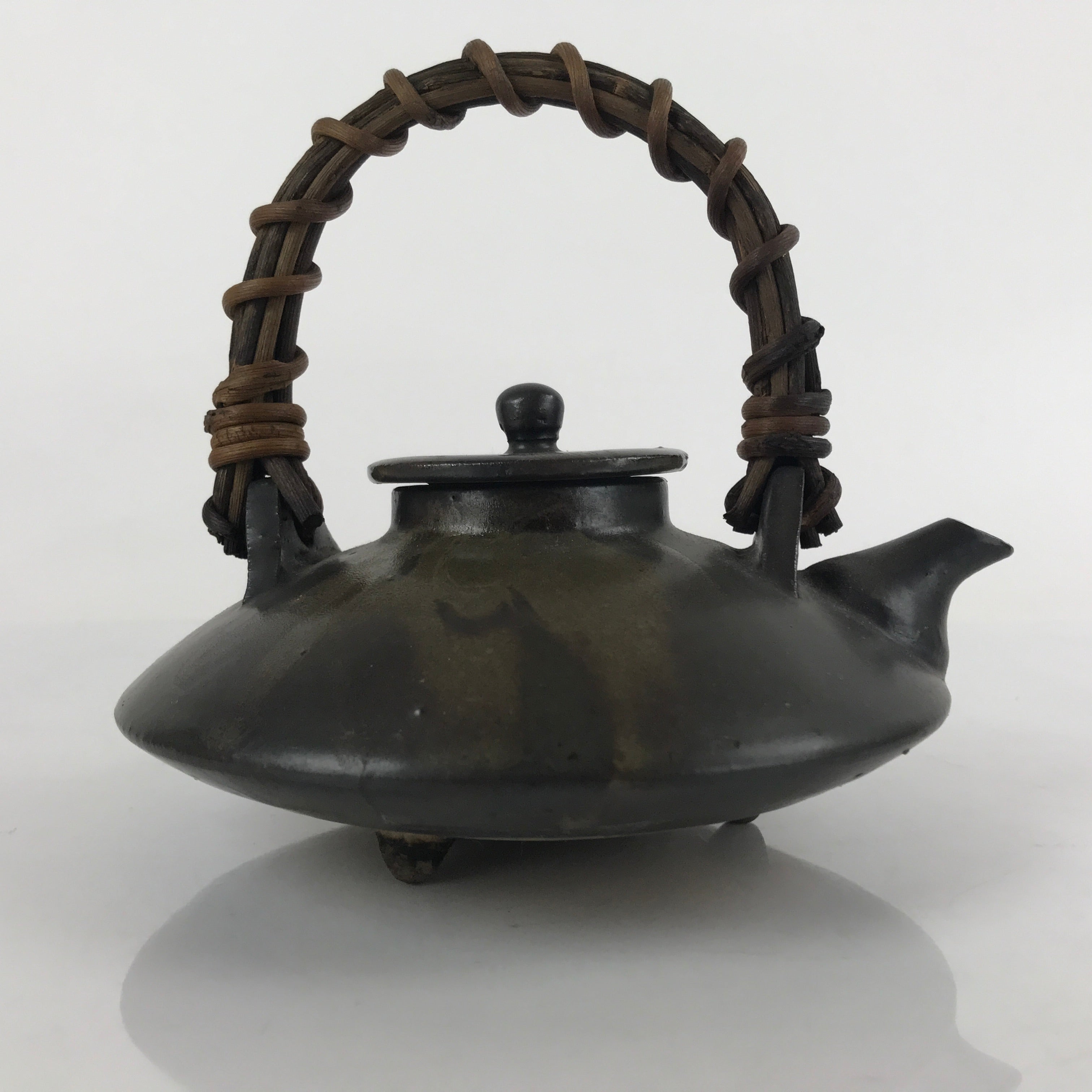 Japanese Ceramic Teapot Kyusu Vtg Dried Vine Handle Gray Brown Glaze PY747