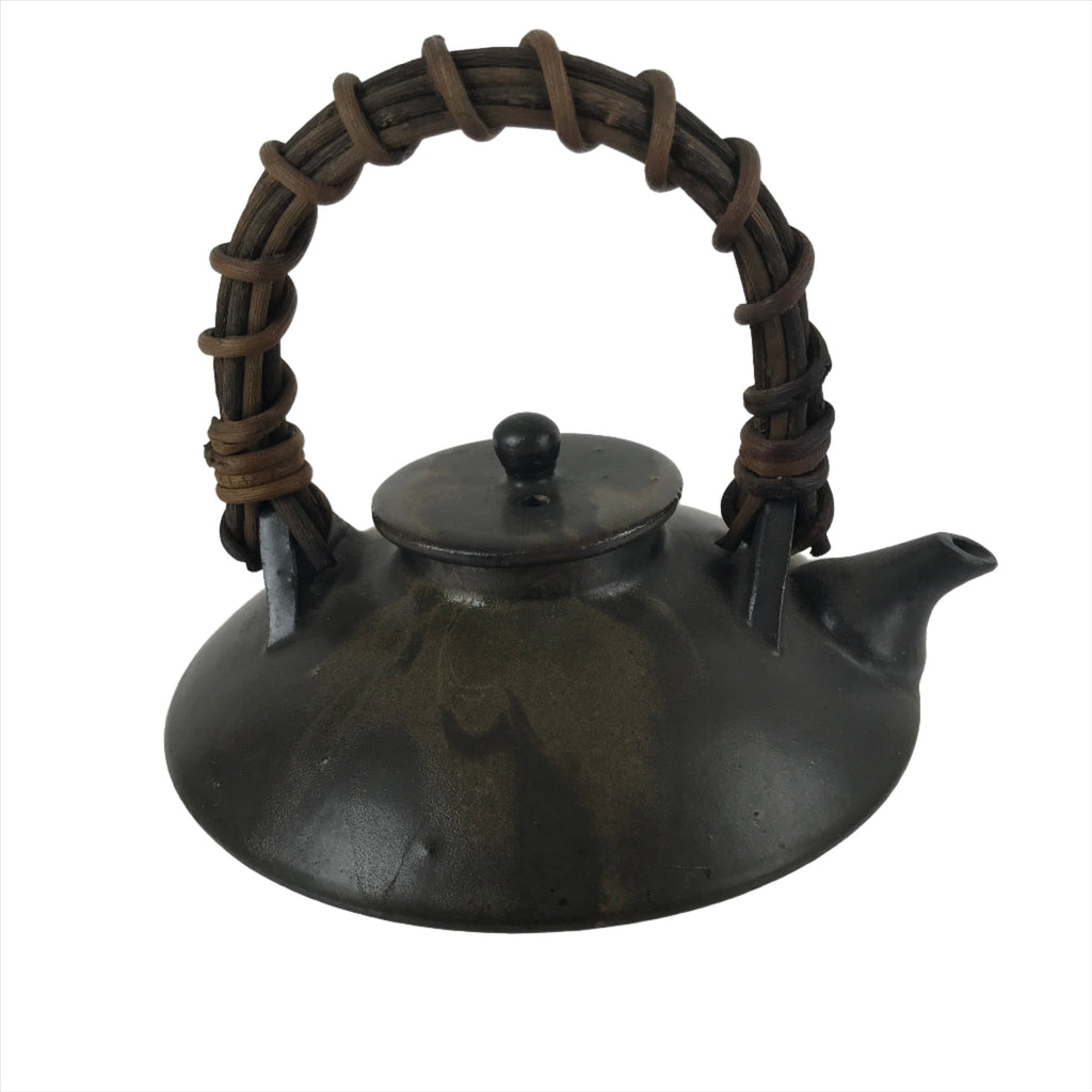 Japanese Ceramic Teapot Kyusu Vtg Dried Vine Handle Gray Brown Glaze PY747
