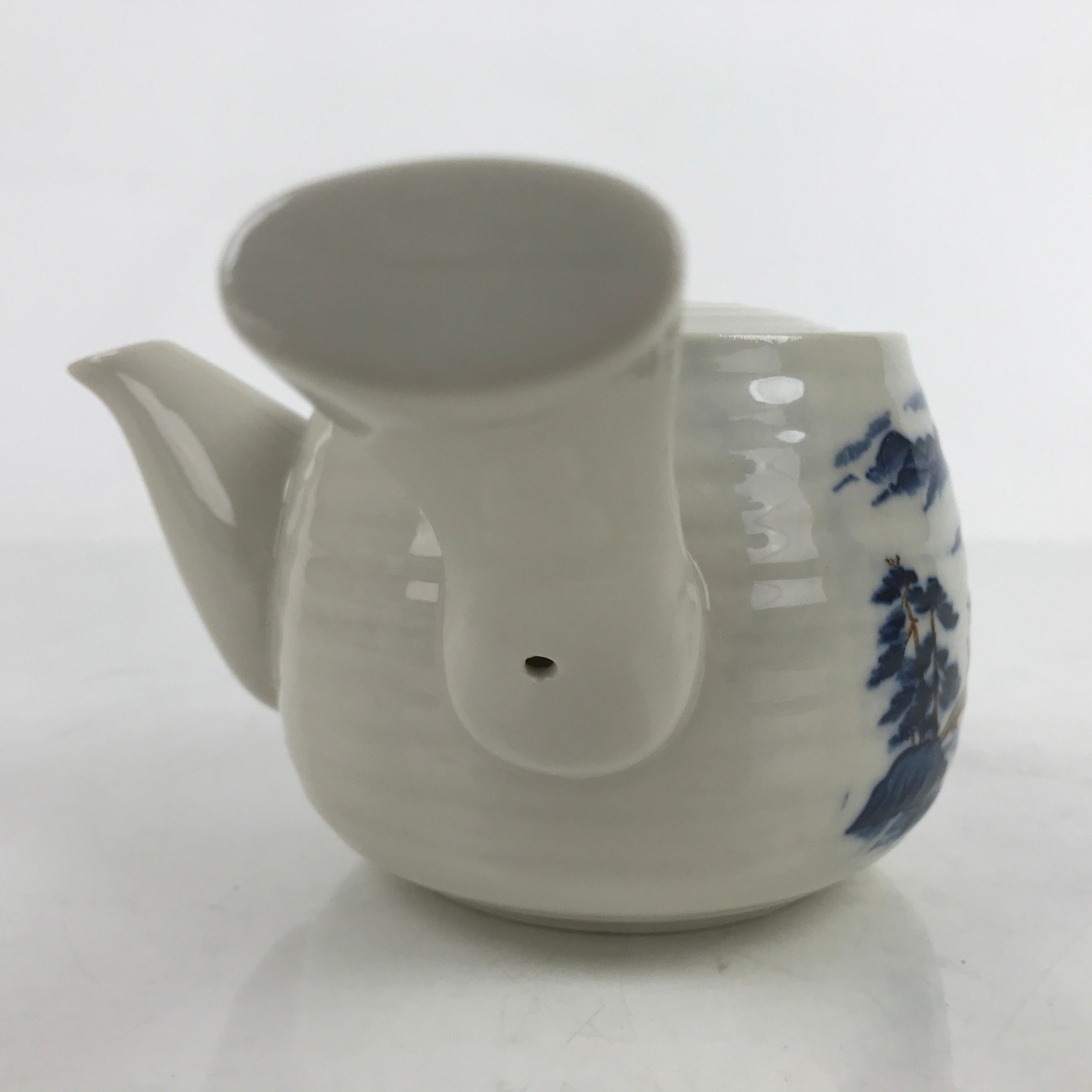 Japanese Ceramic Teapot Kyusu Vtg Kutani Ware Sansui Blue Brown Gray Y171