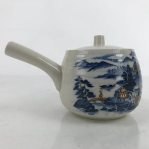 Japanese Ceramic Teapot Kyusu Vtg Kutani Ware Sansui Blue Brown Gray Y171