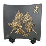 Japanese Ceramic Tokoname Ware Decorative Plate Square Zodiac Wild Boar PX787