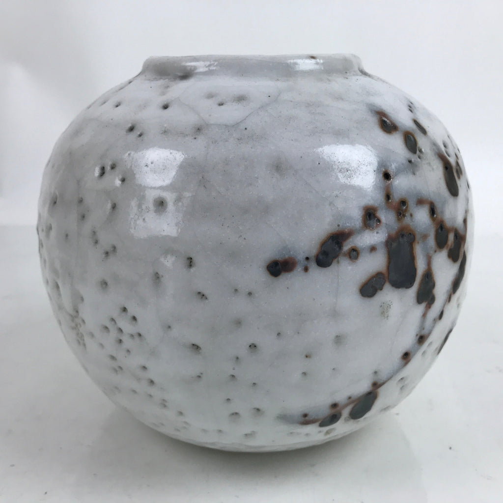 Japanese Ceramic Yuki Shino Ware Flower Vase Vtg Ikebana Kabin White Round FK119