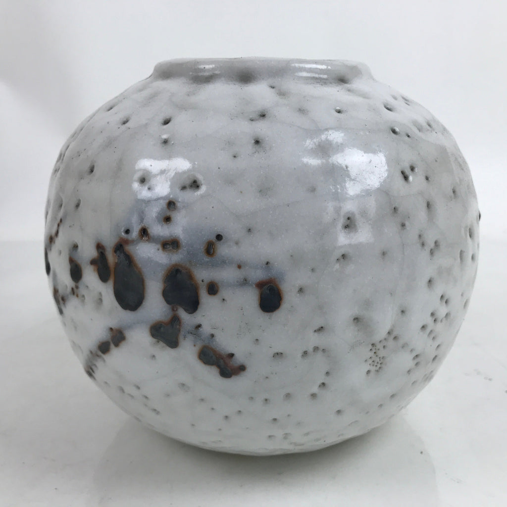Japanese Ceramic Yuki Shino Ware Flower Vase Vtg Ikebana Kabin White Round FK119