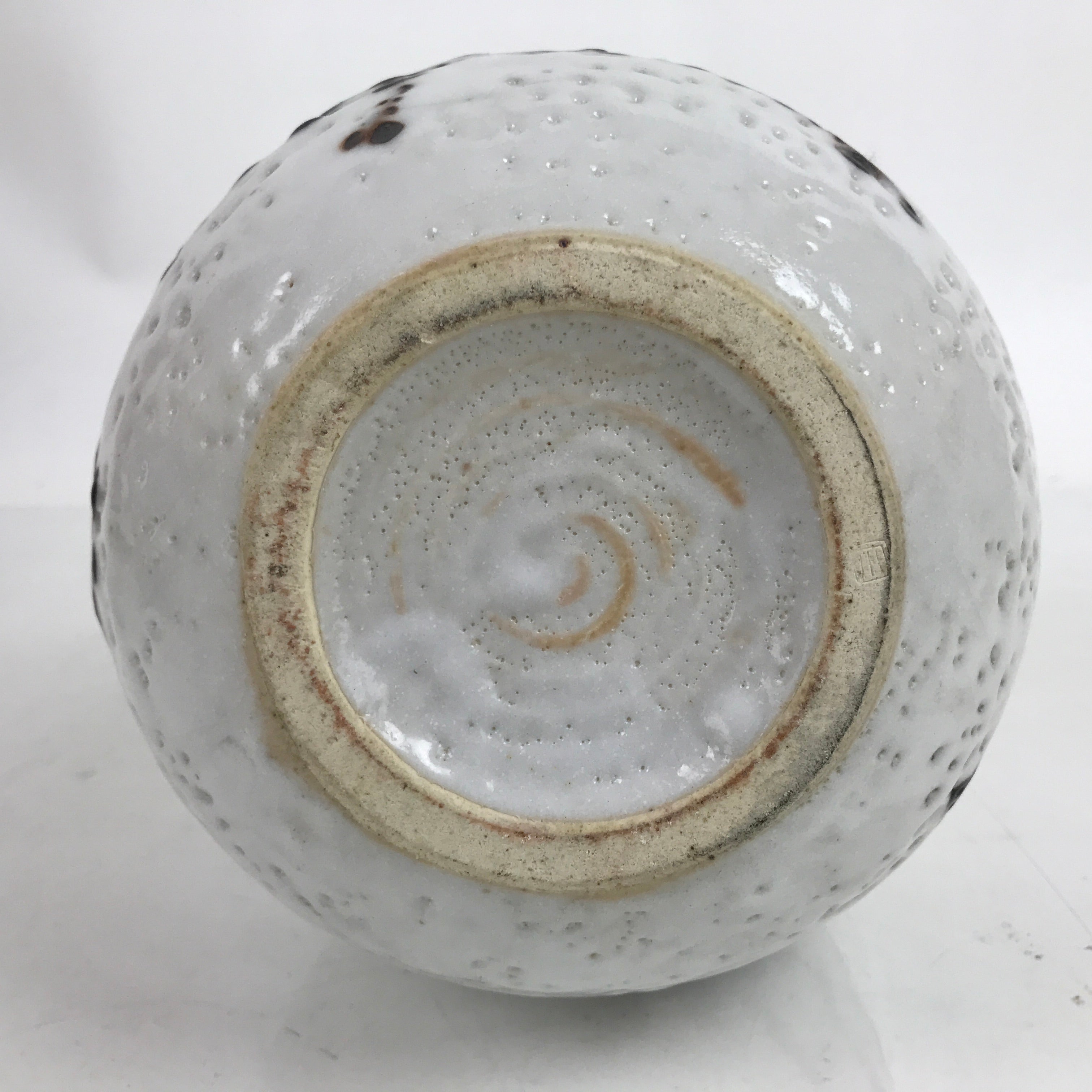 Japanese Ceramic Yuki Shino Ware Flower Vase Vtg Ikebana Kabin White Round FK119