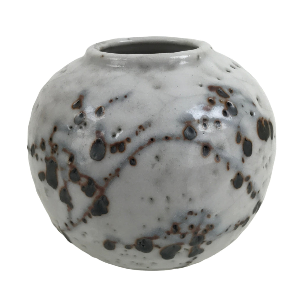 Japanese Ceramic Yuki Shino Ware Flower Vase Vtg Ikebana Kabin White Round FK119