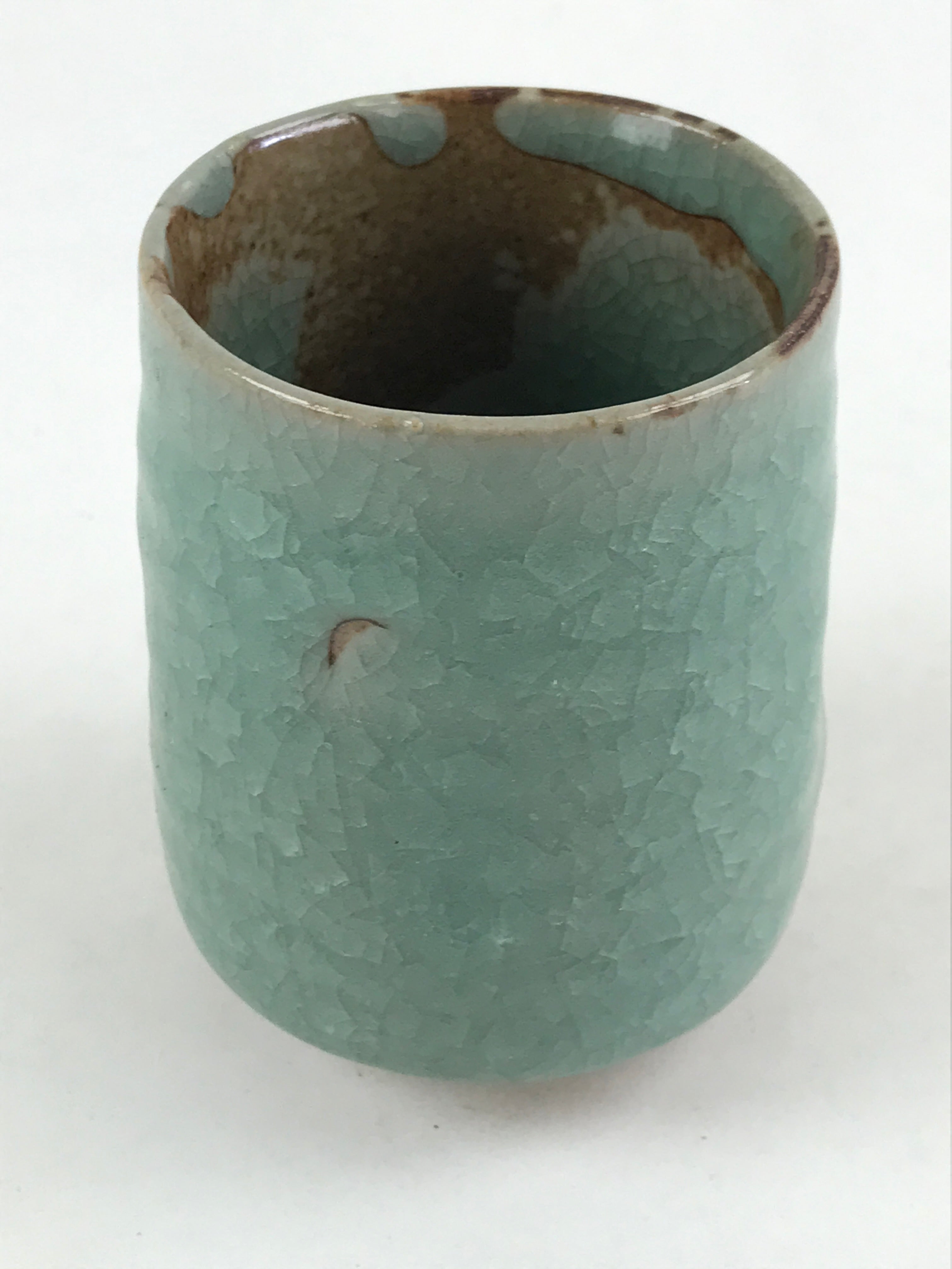 Japanese Ceramic Yunomi Teacup Vtg Pottery Large Light Green Crackle Glaze TC364