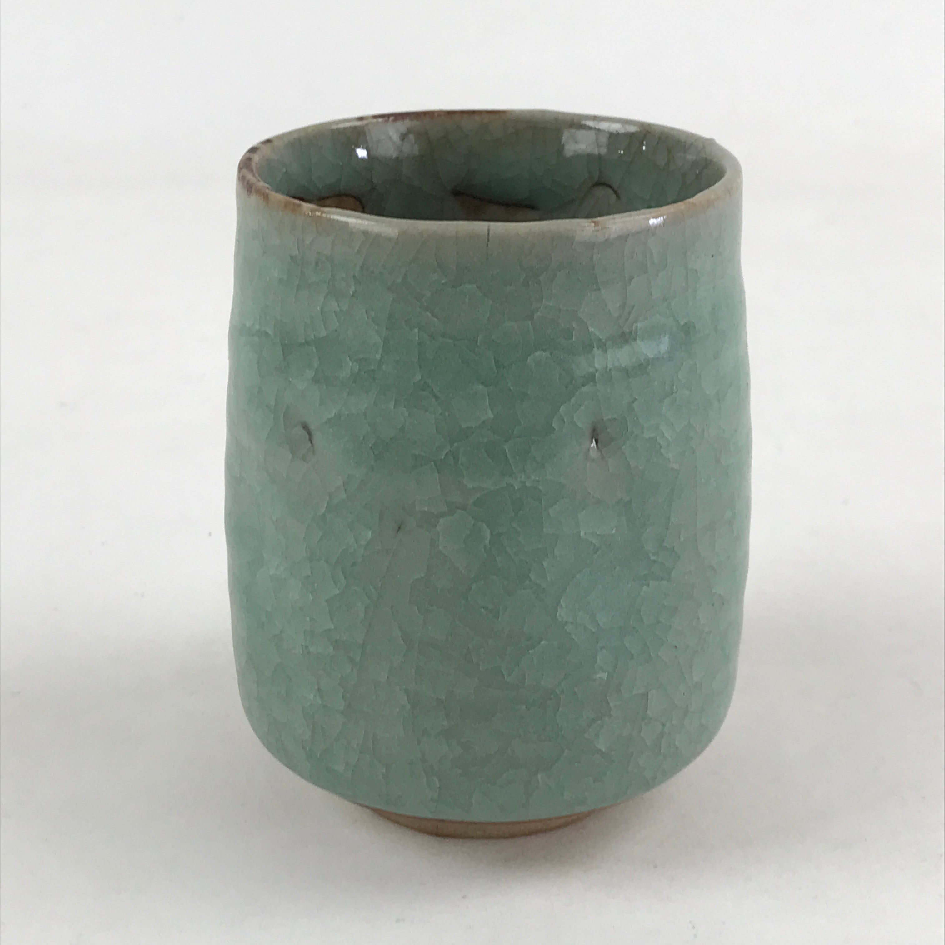 Japanese Ceramic Yunomi Teacup Vtg Pottery Large Light Green Crackle Glaze TC364