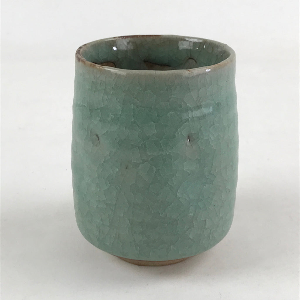 Japanese Ceramic Yunomi Teacup Vtg Pottery Large Light Green Crackle Glaze TC364