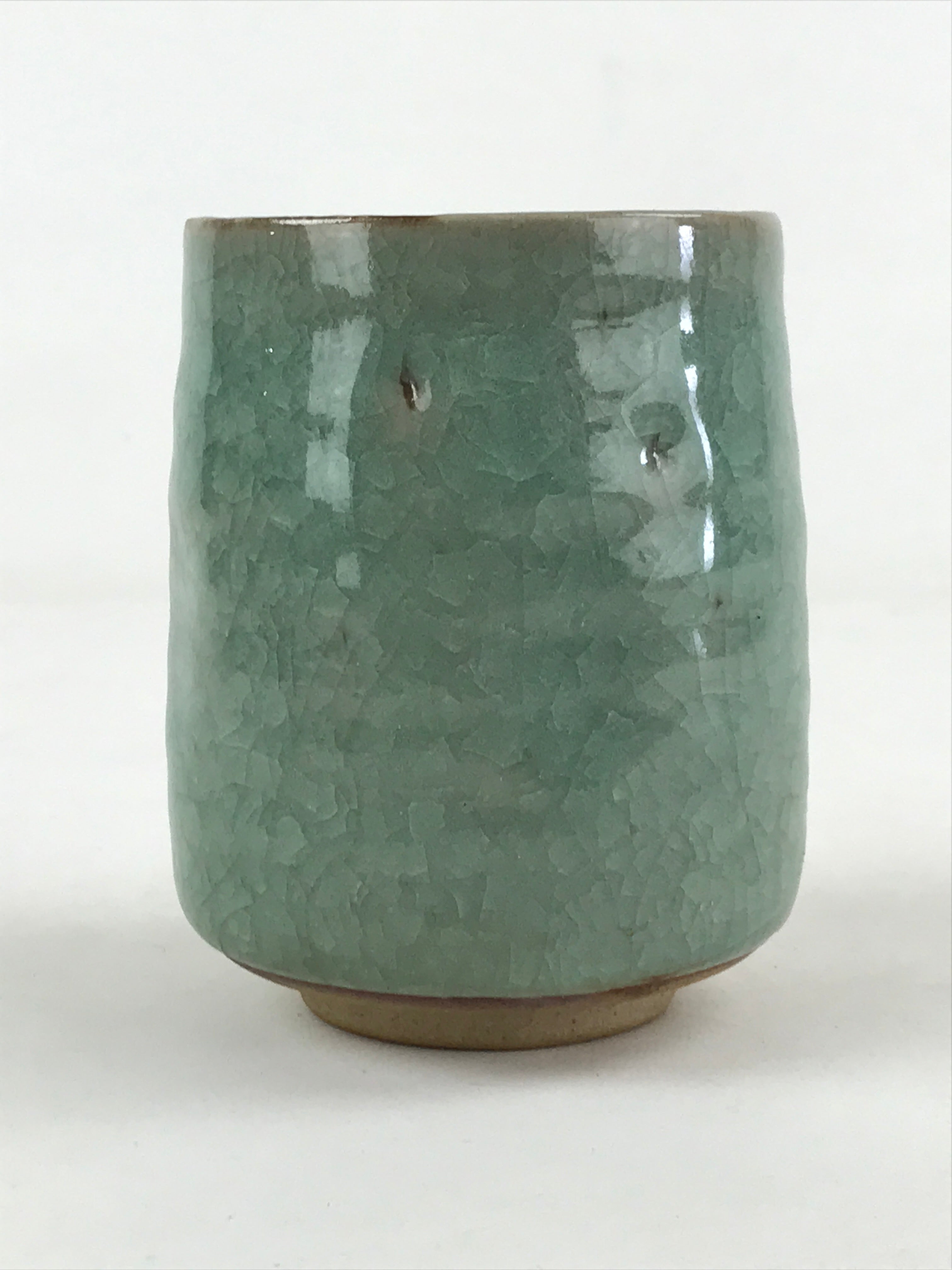 Japanese Ceramic Yunomi Teacup Vtg Pottery Large Light Green Crackle Glaze TC366
