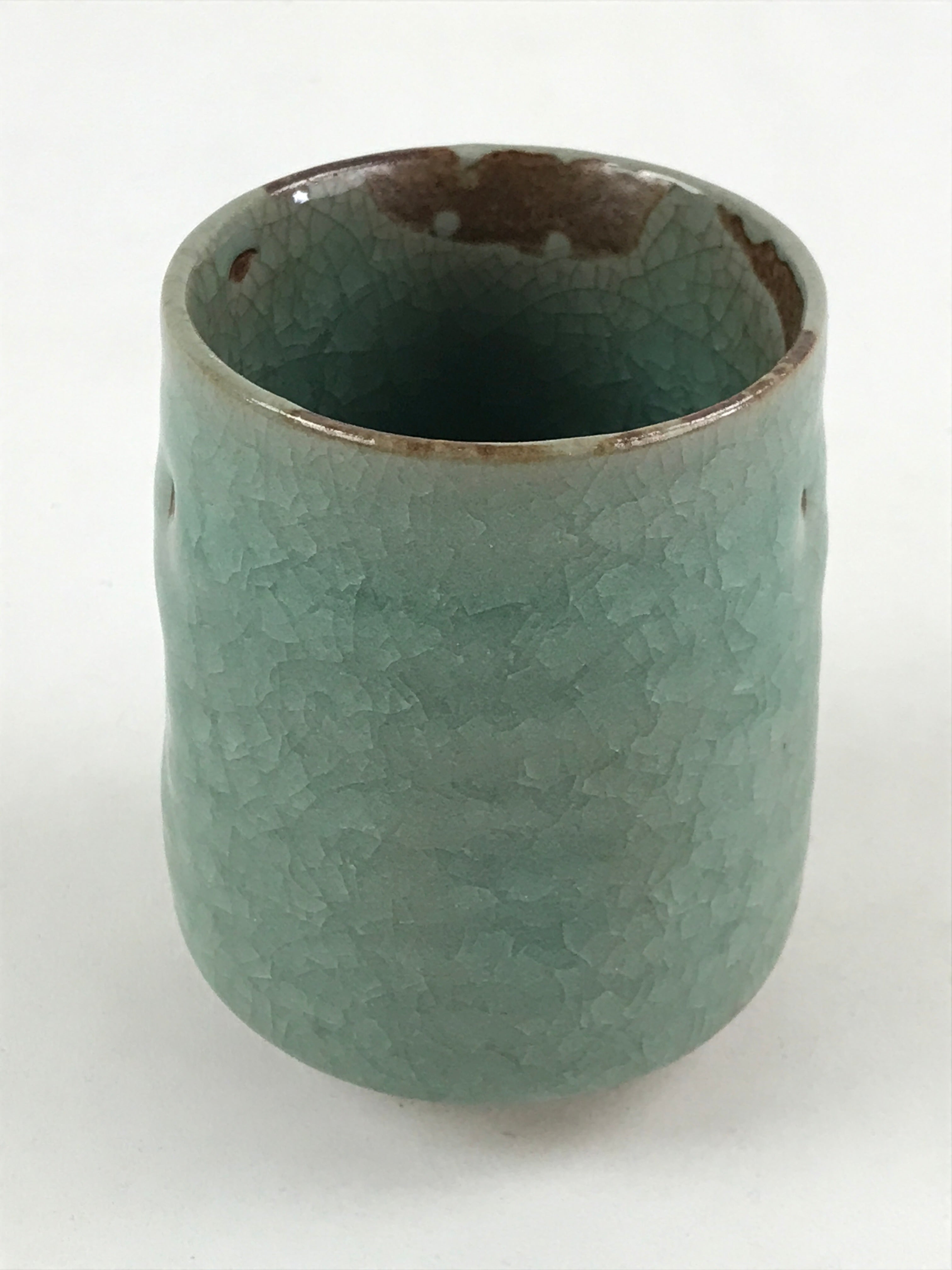 Japanese Ceramic Yunomi Teacup Vtg Pottery Large Light Green Crackle Glaze TC366