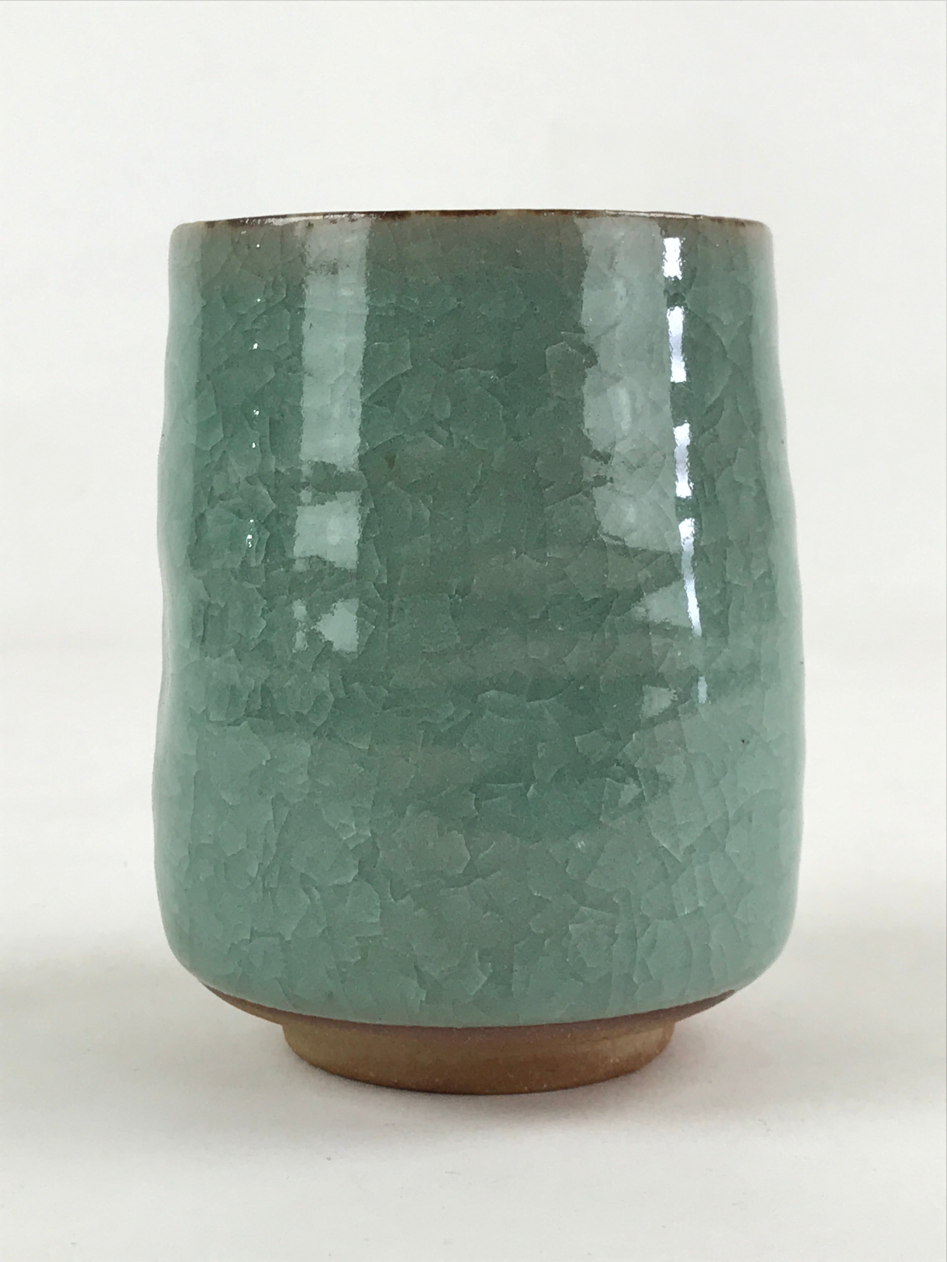 Japanese Ceramic Yunomi Teacup Vtg Pottery Large Light Green Crackle Glaze TC367