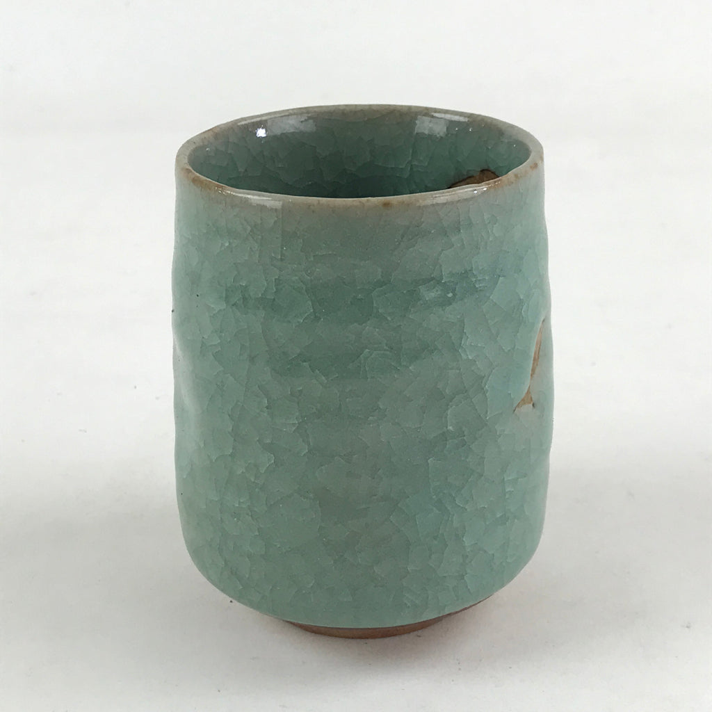 Japanese Ceramic Yunomi Teacup Vtg Pottery Large Light Green Crackle Glaze TC368