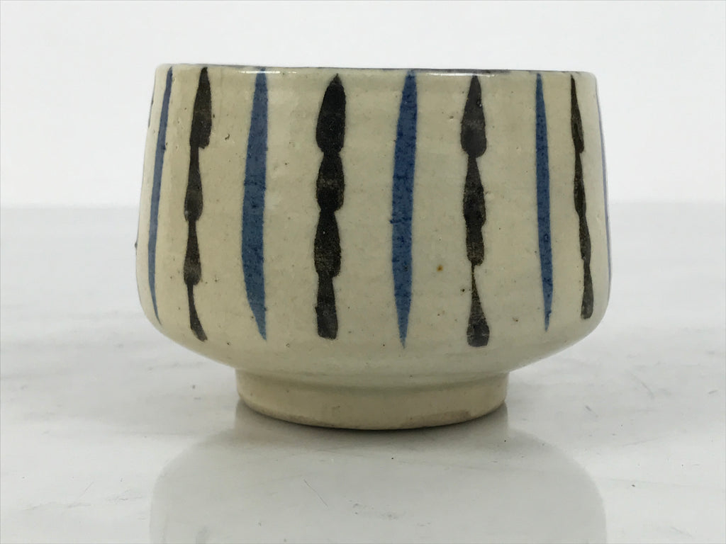Japanese Ceramic Yunomi Teacup Vtg Pottery Sencha Beige Black Blue Stripe TC624