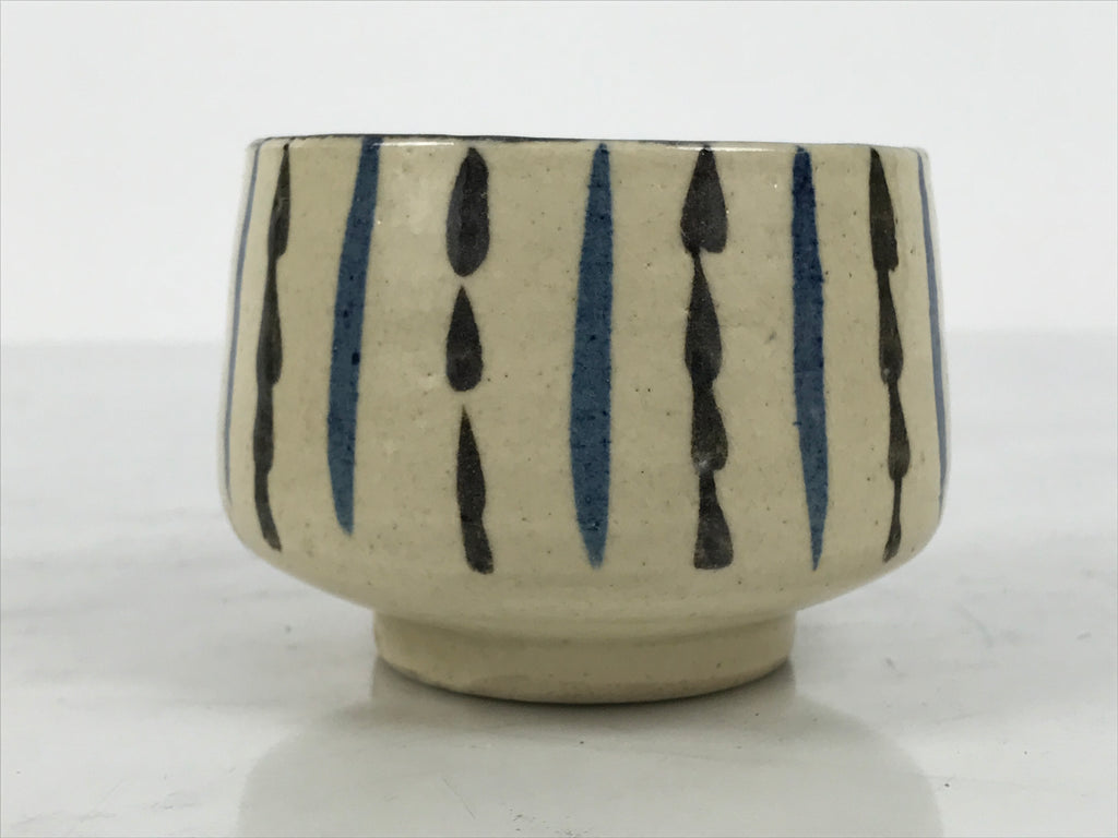 Japanese Ceramic Yunomi Teacup Vtg Pottery Sencha Beige Black Blue Stripe TC624