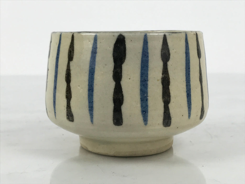 Japanese Ceramic Yunomi Teacup Vtg Pottery Sencha Beige Black Blue Stripe TC624