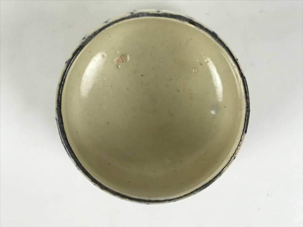 Japanese Ceramic Yunomi Teacup Vtg Pottery Sencha Beige Black Blue Stripe TC624