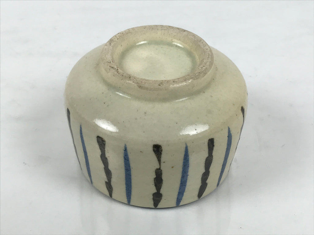 Japanese Ceramic Yunomi Teacup Vtg Pottery Sencha Beige Black Blue Stripe TC624