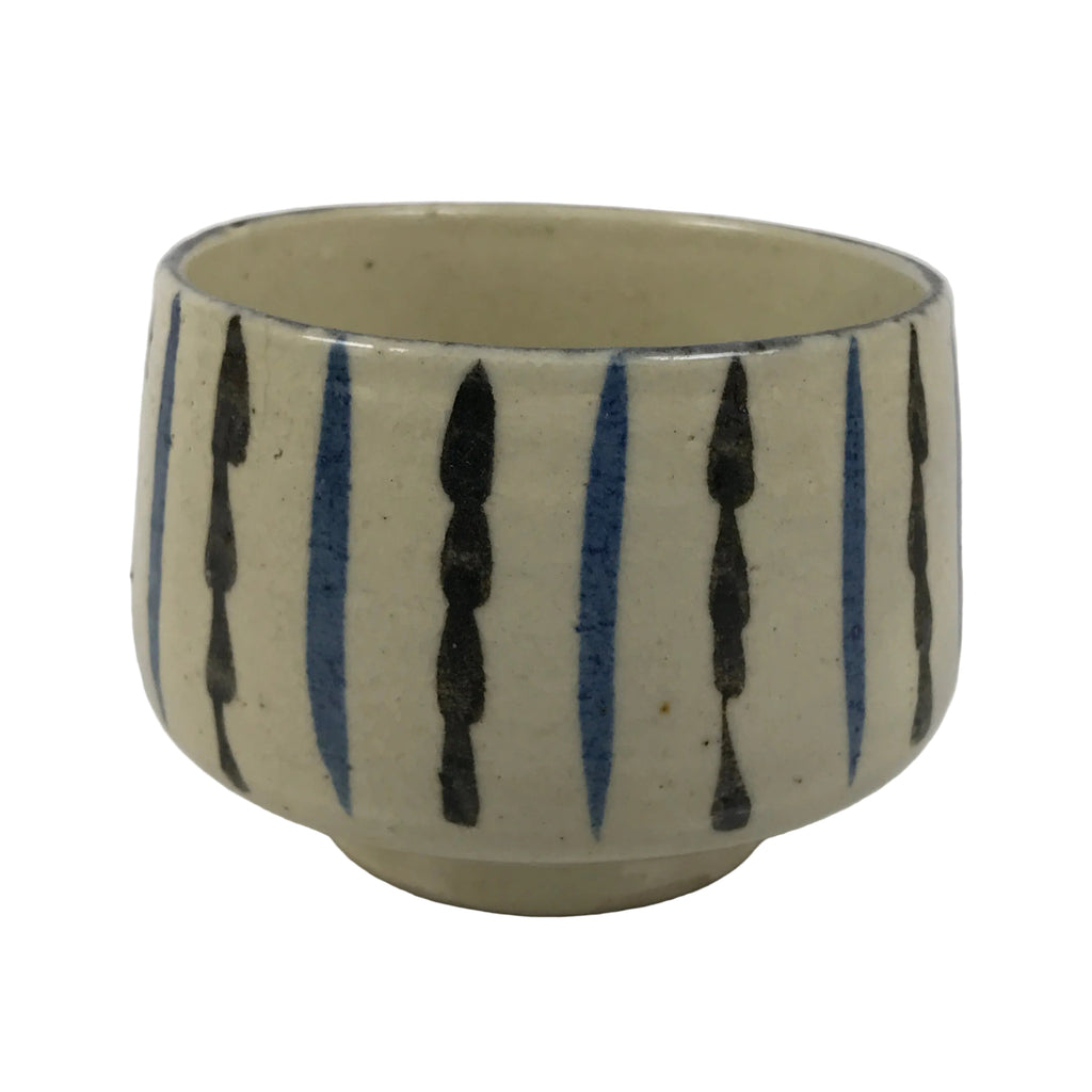 Japanese Ceramic Yunomi Teacup Vtg Pottery Sencha Beige Black Blue Stripe TC624