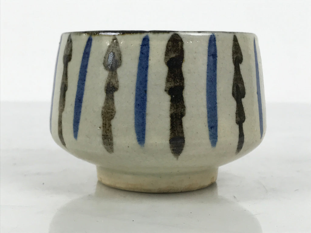 Japanese Ceramic Yunomi Teacup Vtg Pottery Sencha Beige Black Blue Stripe TC625