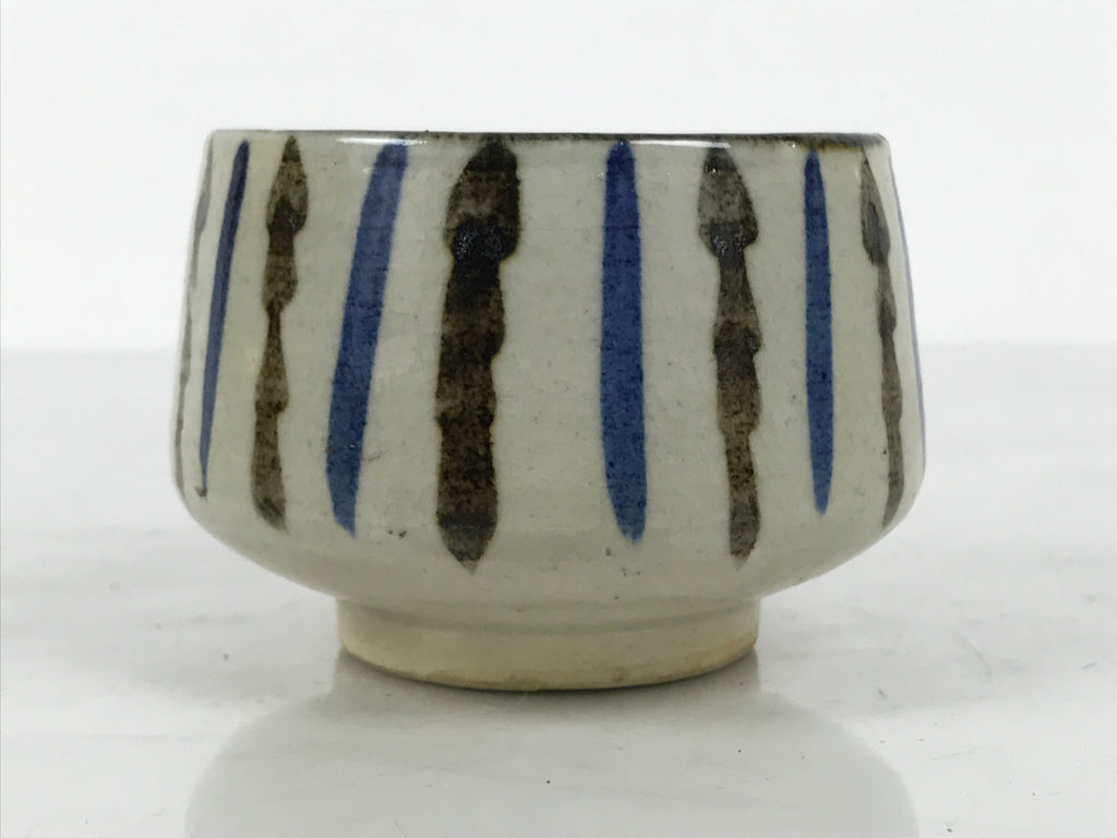 Japanese Ceramic Yunomi Teacup Vtg Pottery Sencha Beige Black Blue Stripe TC625